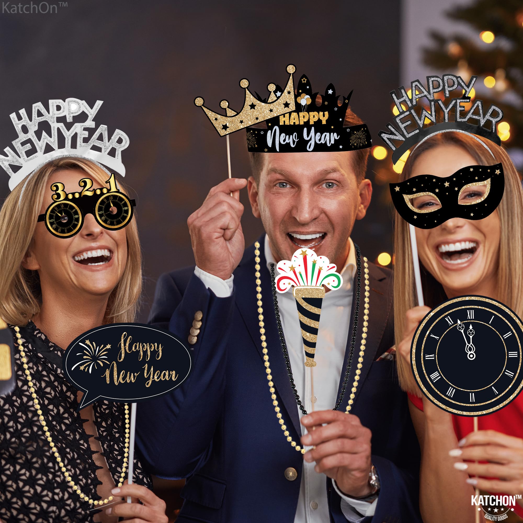 KatchOn 2025 New Year's Eve Party Supplies Set - 74-Piece Kit with Photo Props, Hats, Headbands & Glasses | NYE Decorations & Accessories for Countdown Celebrations, Ball Drops & New Year Parties