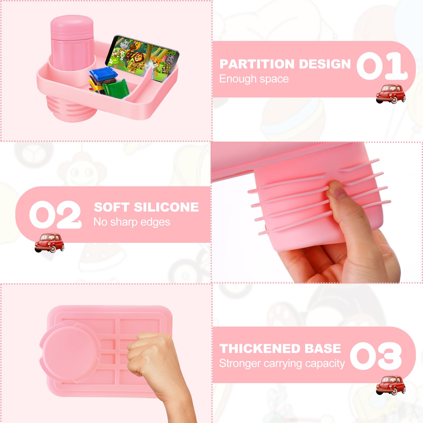 Silicone Car Seat Cup Holder Snack Tray for Kids - Expandable Travel Tray for Fruits, Toys, Books & Essentials - Fits Most Car Cup Holders (Pink) - Perfect for Road Trips, School Runs & Family Travel