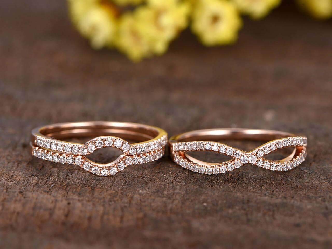 3-Piece Bridal Ring Set - Half Eternity Matching Band, Split Shank & Curved U Diamond Wedding Bands in 18k Gold Plating - Perfect for Engagement, Anniversary & Bridal Jewelry Gifts