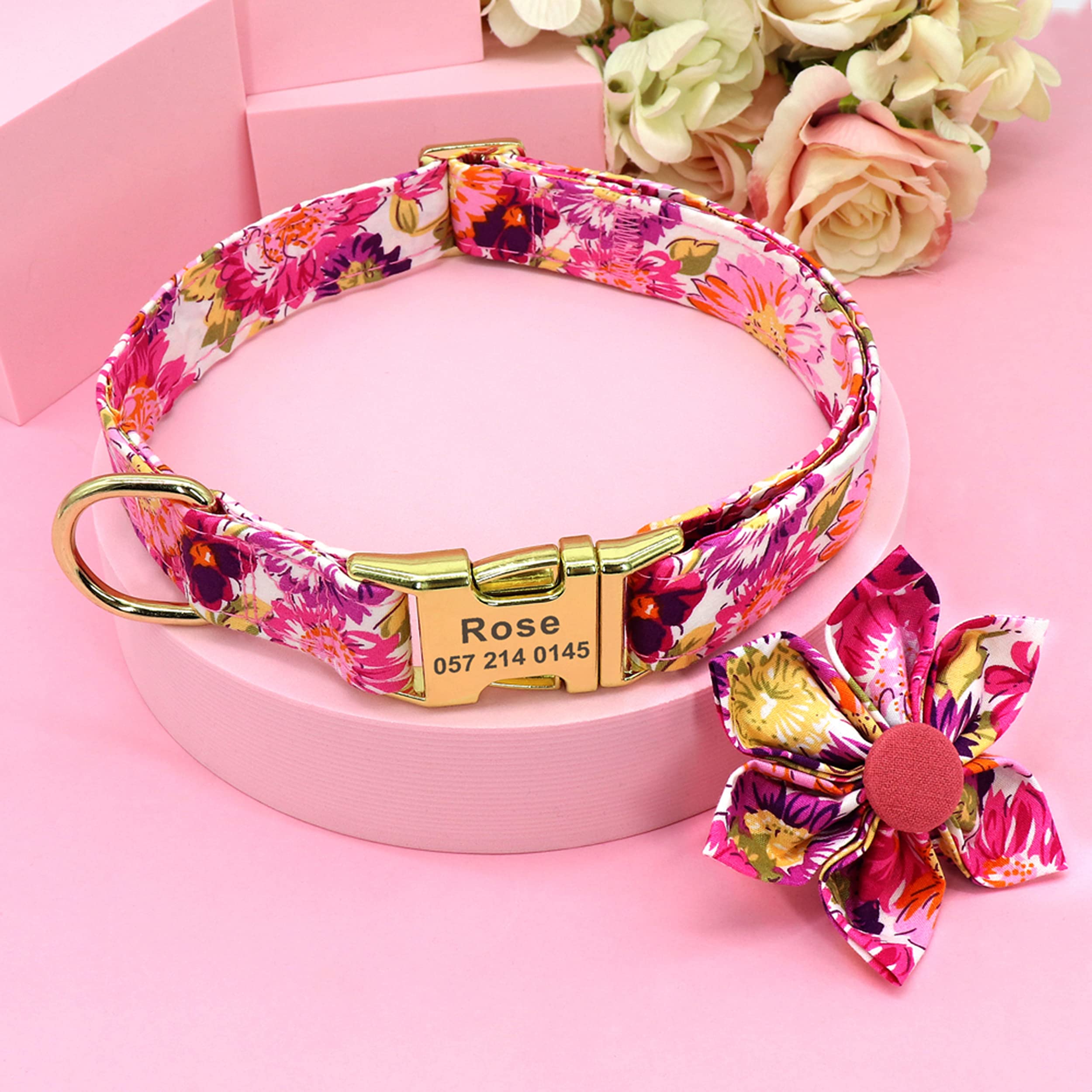Custom Personalized Floral Dog Collar for Small Medium Large Female Dogs - Engraved Soft Pet Collar with Flowers (Hot Pink, Size S) | Perfect for Daily Walks, Pet Photos & Special Occasions