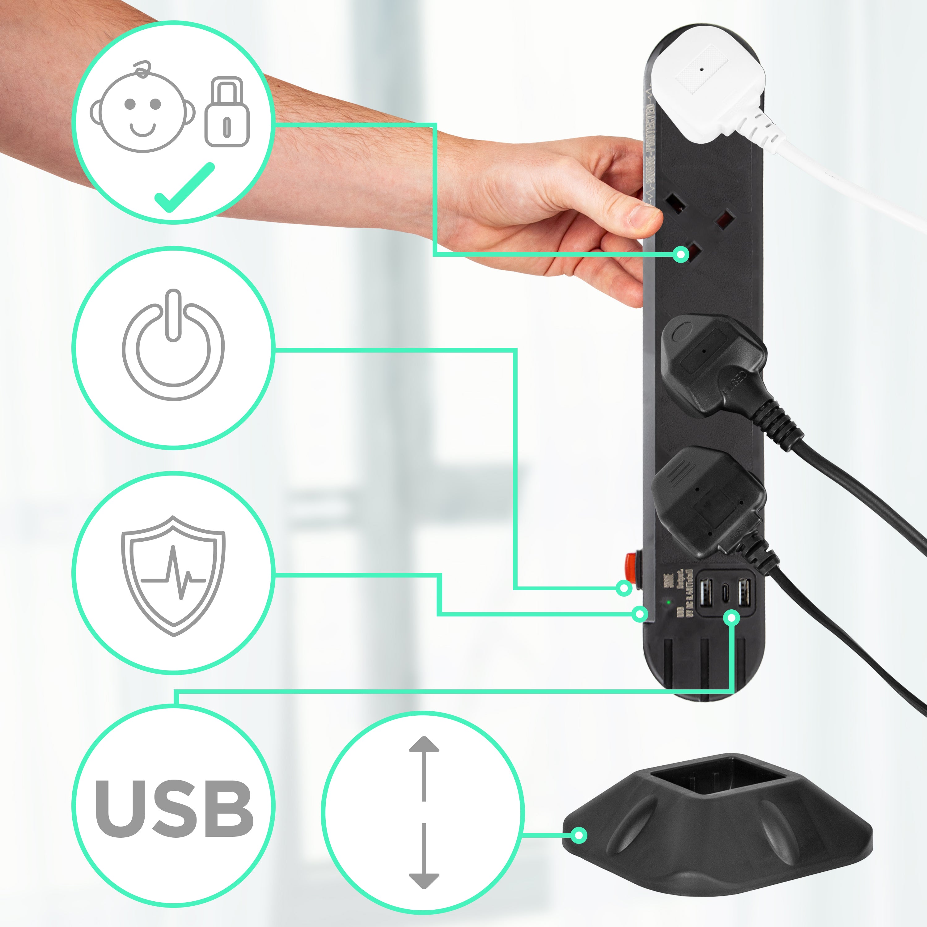 Duronic 8-Way Surge Protected Extension Lead with 2 USB Ports & 1 USB-C | UK Plug Multi-Socket Tower | 2m Black Power Cord for Home Office & Gaming Setup