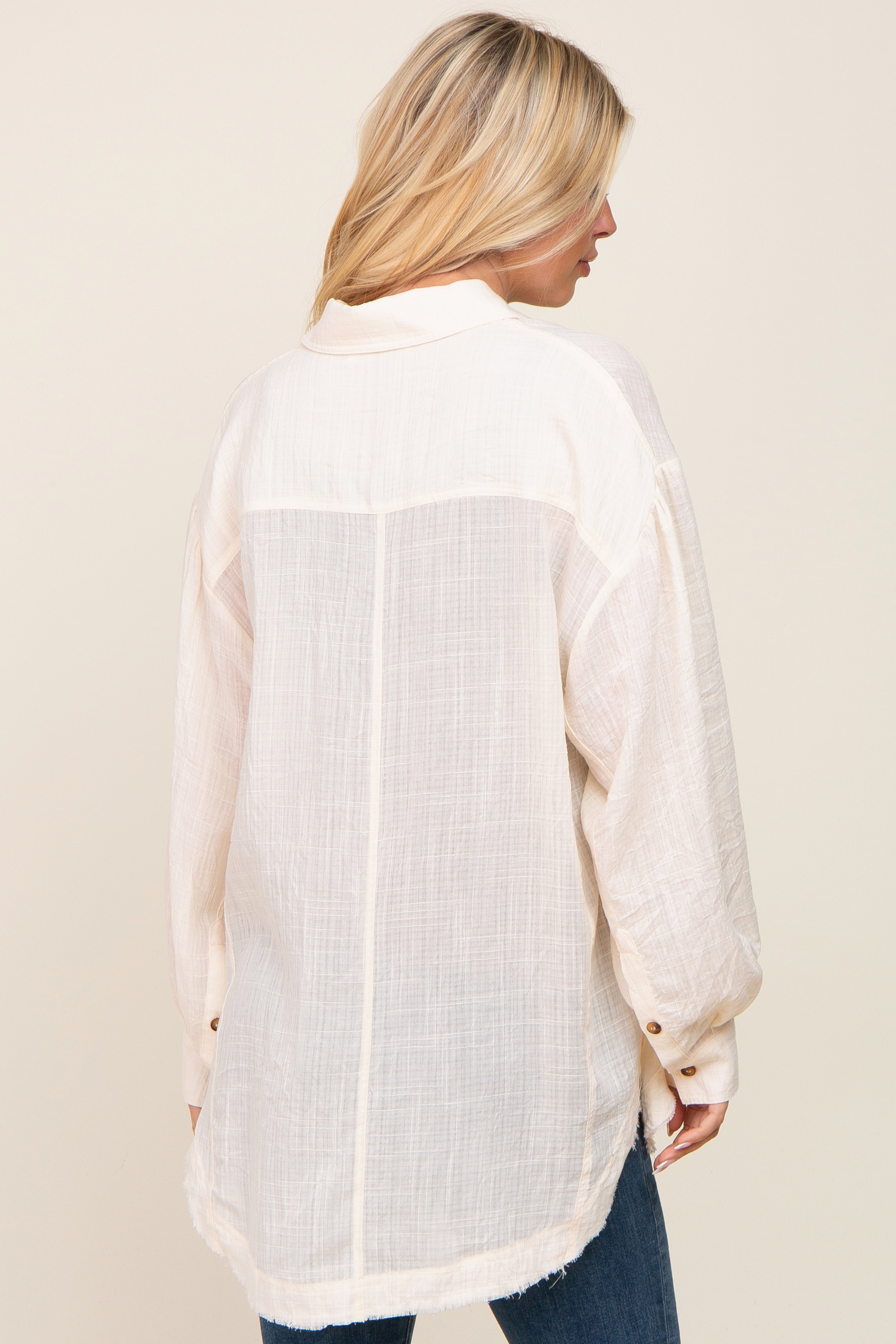 Beige Linen Collared Button Up Shirt for Women - Raw Edge Casual Blouse for Summer, Office & Vacation Wear