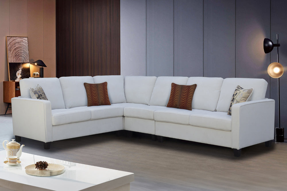 Stylish Off-White Chenille Fabric Sectional Sofa with 4 Decorative Pillows - Perfect for Living Room, Lounge & Family Room Comfort