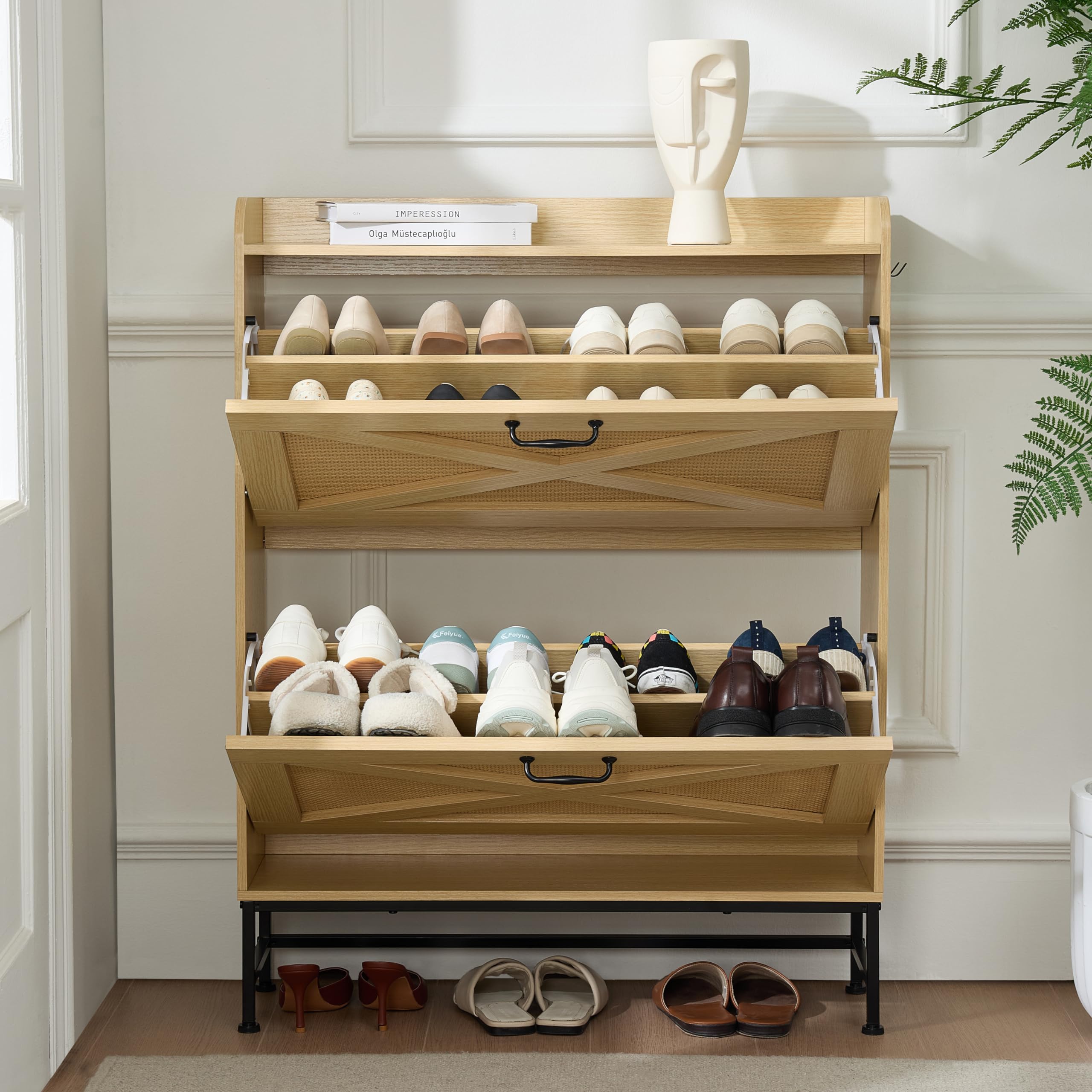 Slim Rattan Shoe Cabinet with 2 Flip Drawers - Narrow Entryway Shoe Organizer, Hidden Storage Cabinet with Metal Legs, Farmhouse Style Free Standing Shoe Rack - Perfect for Small Spaces, Apartments & Closet Organization (Natural Color)