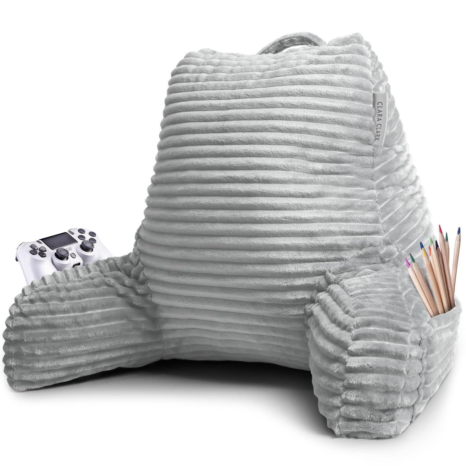 Clara Clark Reading Pillow for Adults - Plush Back Support Pillow with Arms & Pockets for Sitting in Bed, Shredded Foam Bed Rest Pillow (Silver) - Perfect for Reading, Watching TV, or Relaxing in Bed