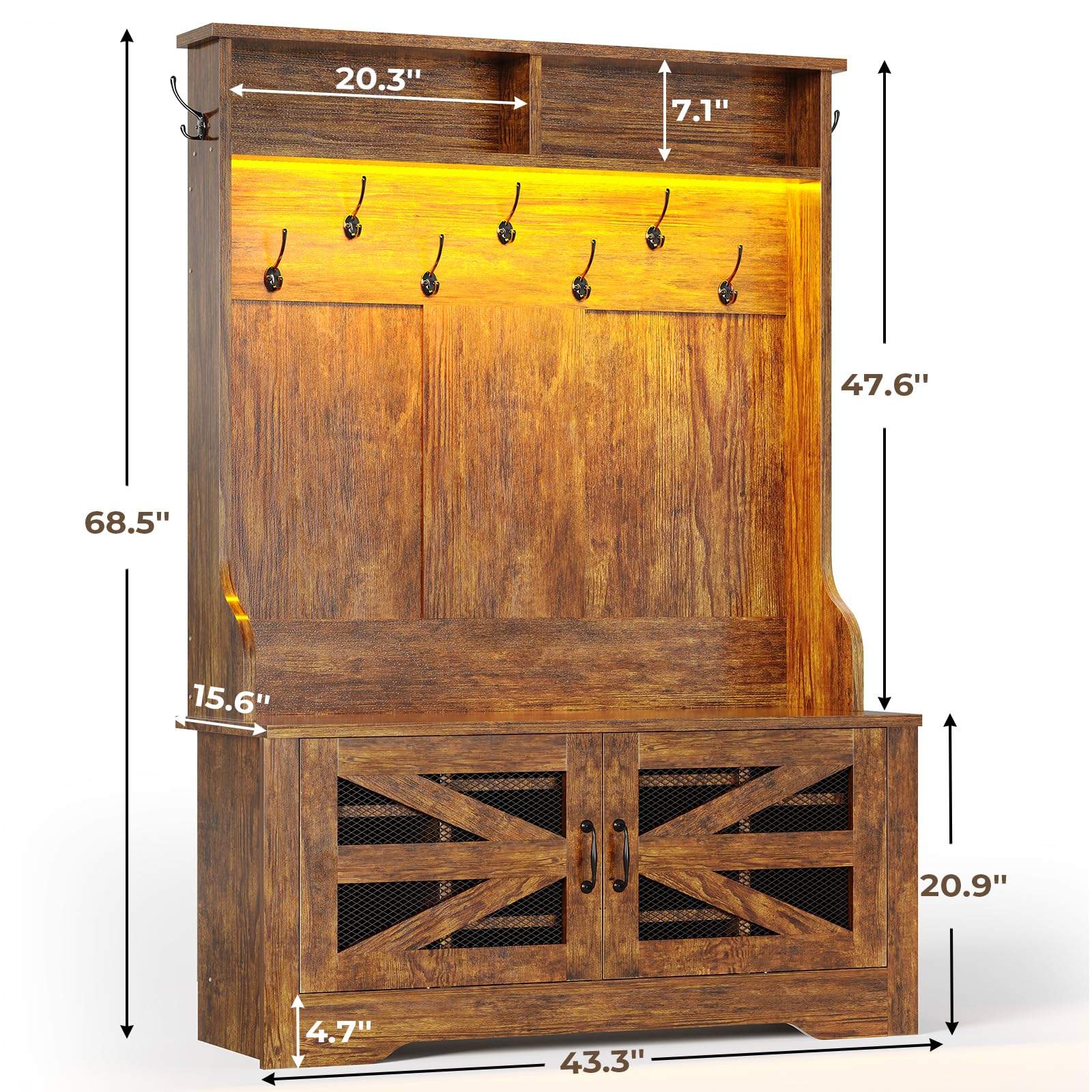 Itaar 5-in-1 Hall Tree Entryway Bench with Shoe Storage - Rustic Brown Coat Rack with 10 Shoe Cubbies, 9 Coat Hooks, Barn Door & Adjustable Shelf - Perfect for Mudroom, Foyer & Small Space Organization