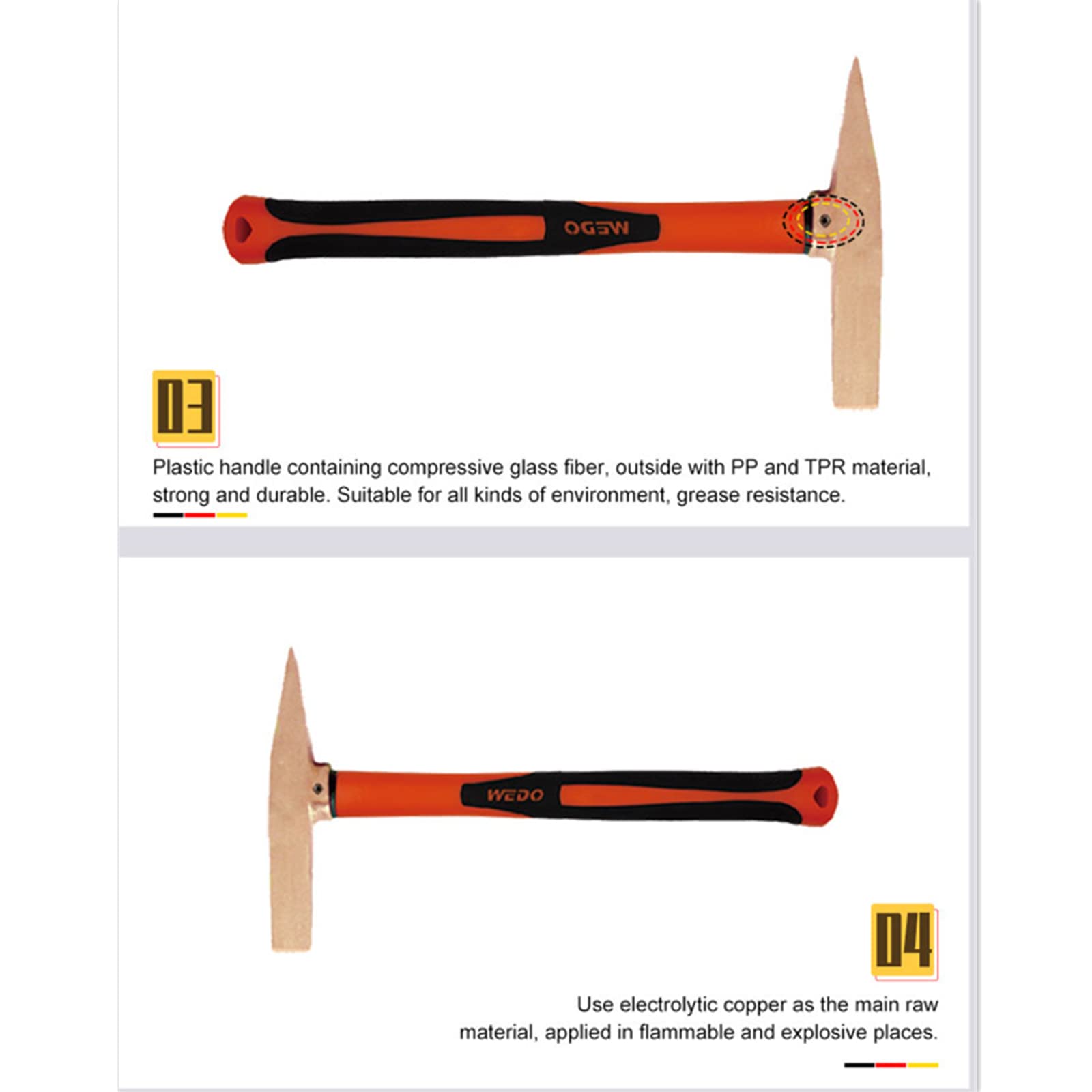 WEDO Beryllium Copper Non-Sparking Welding Chipping Hammer - 300g (0.7lb) Fiberglass Handle Slag Removal Tool - 280mm (11