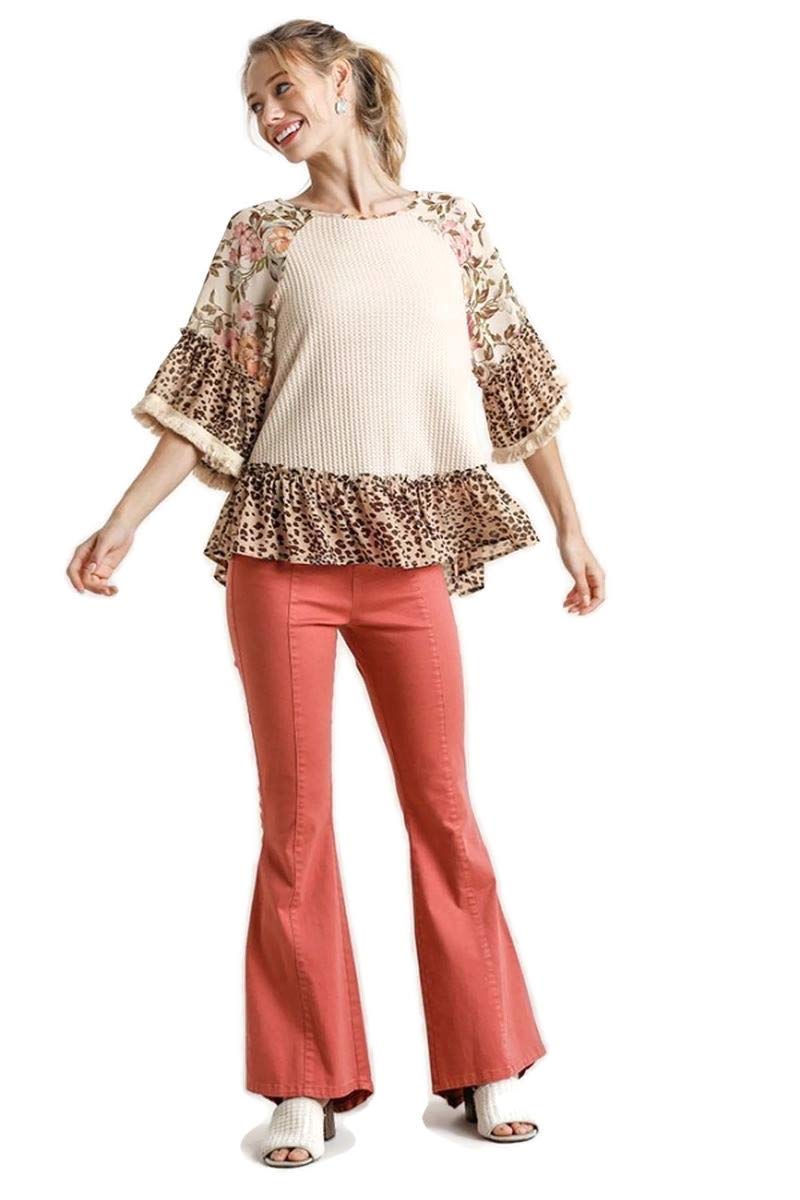 Umgee Women's Floral & Animal Print Waffle Knit Top - Soft Casual Long Sleeve Shirt for Fall & Winter | Perfect for Layering, Office Wear & Weekend Outfits