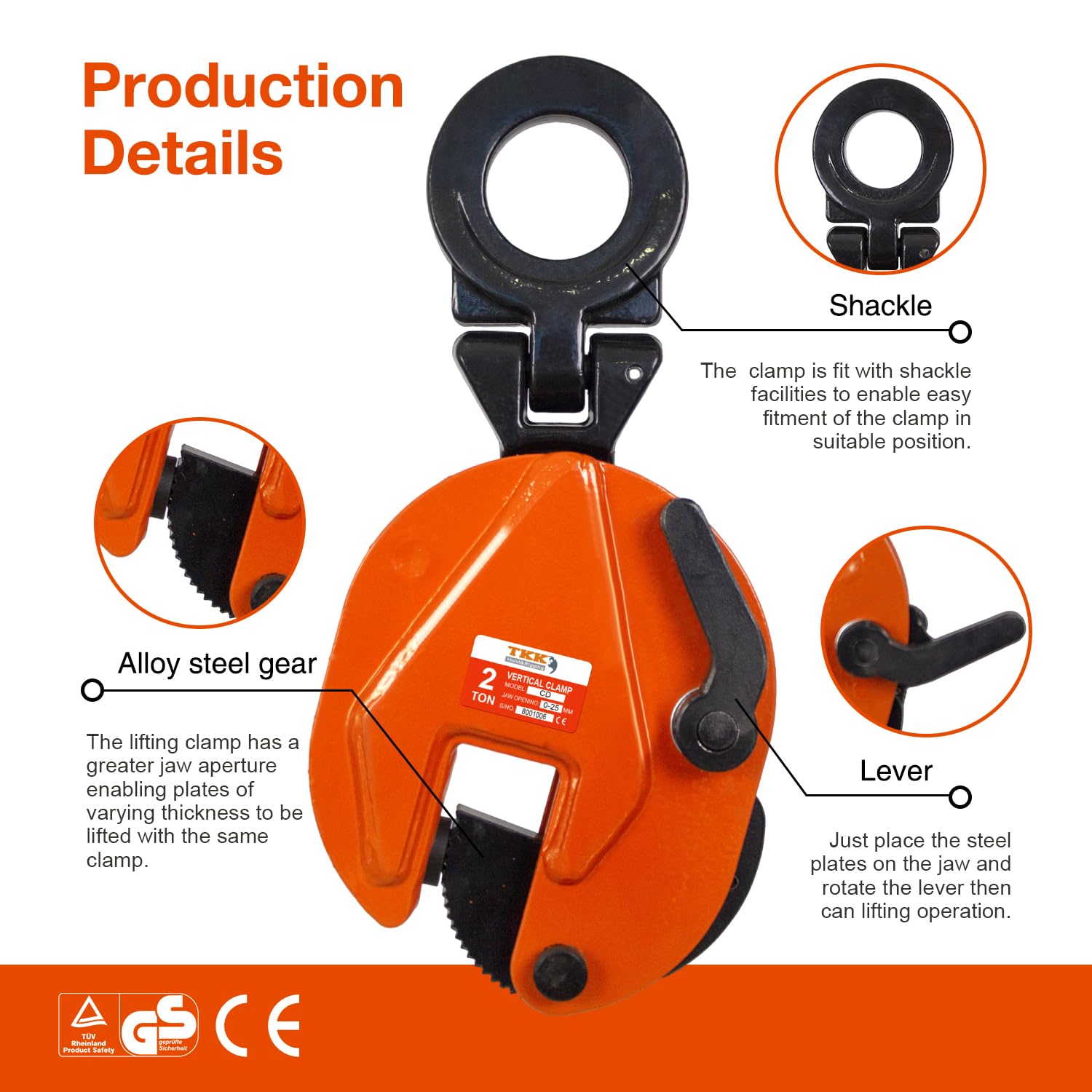 Heavy Duty TKK Vertical Plate Clamp 4400Lb (2Ton) - 1.3 Inch Jaw Opening for Secure Lifting & Transporting - Ideal for Construction, Steel Fabrication & Warehouse Material Handling