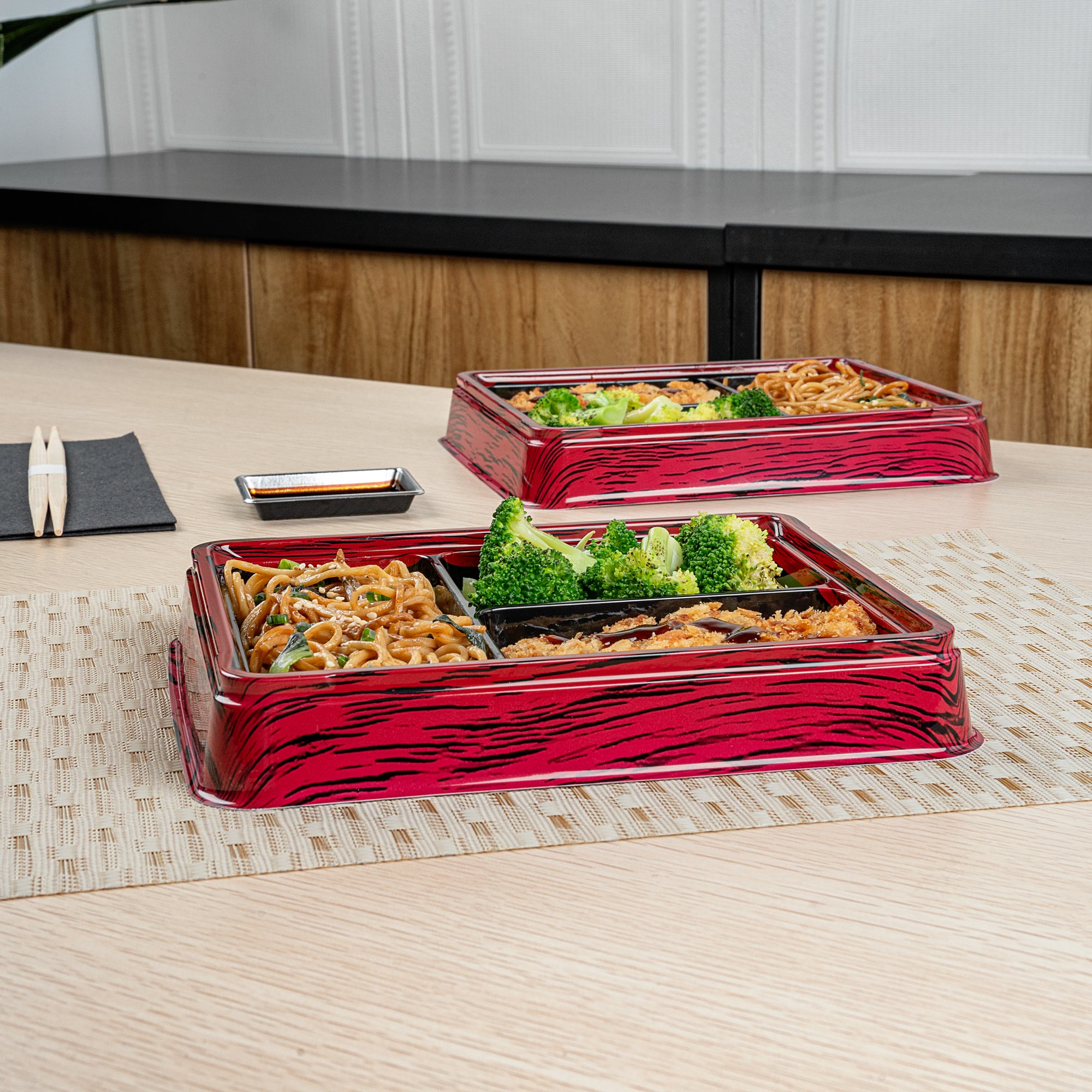 Bento Tek 16 oz Rectangle Red and Black Plastic Bento Box - 3 Compartments Lunch Container (8.75