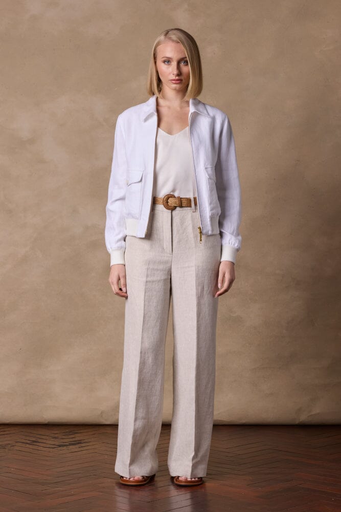 Women's White Linen Bomber Jacket - Lightweight Casual Spring/Summer Outerwear for Streetwear & Travel