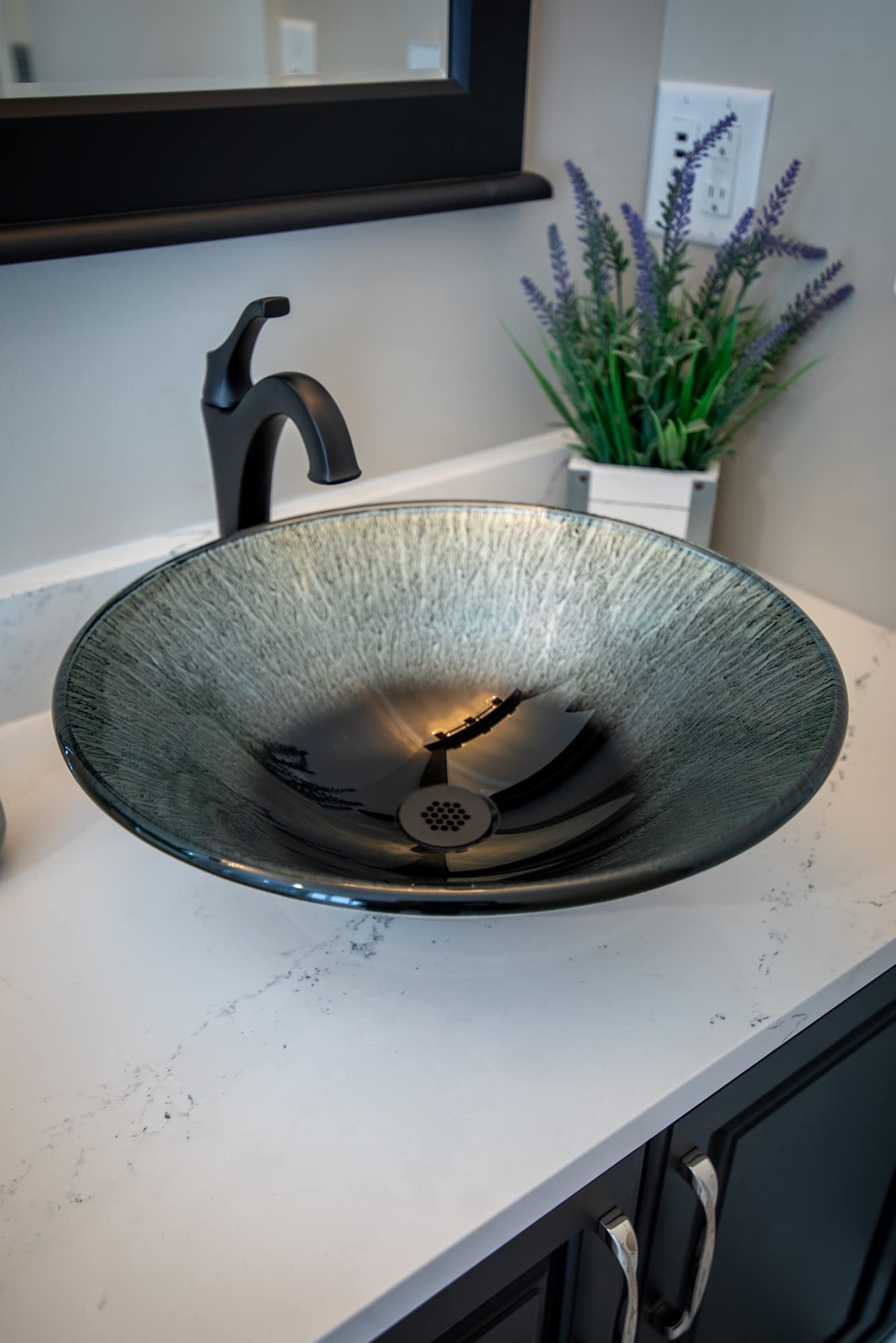 Silver Streams Black Glass Vessel Bathroom Sink - Modern Round Above Counter Basin for Vanity, Powder Room & Luxury Home Decor
