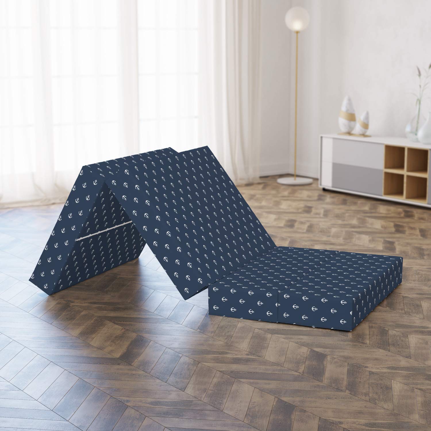 Ambesonne Foldable Marine Mattress - Nautical Anchor Design, Blue Grey & White, 74.8
