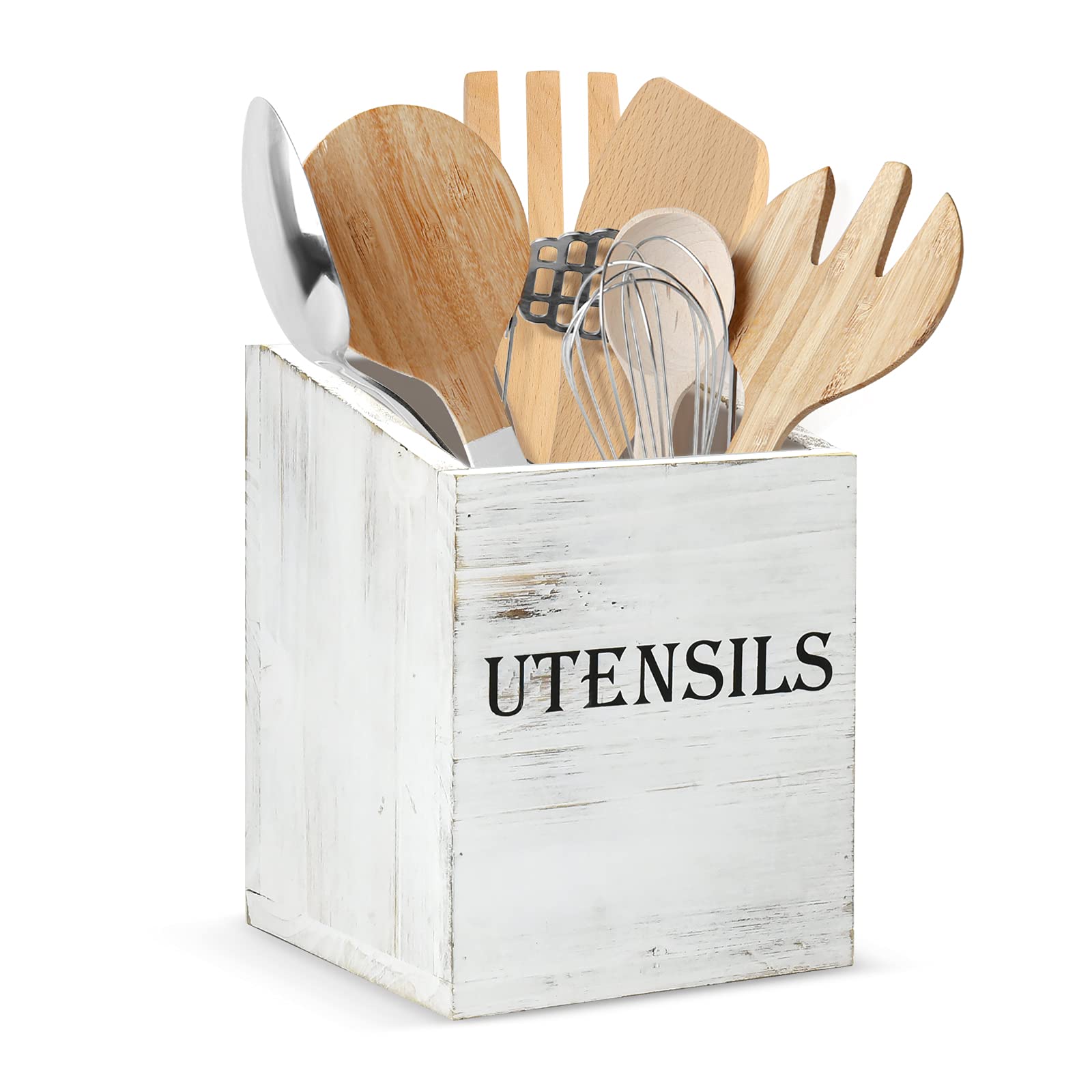 Farmhouse Wooden Utensil Holder for Kitchen Countertop - Rustic Kitchen Utensil Organizer with Storage Compartments - Perfect for Spoons, Spatulas & Cooking Tools - Ideal for Farmhouse, Modern & Country Style Kitchens