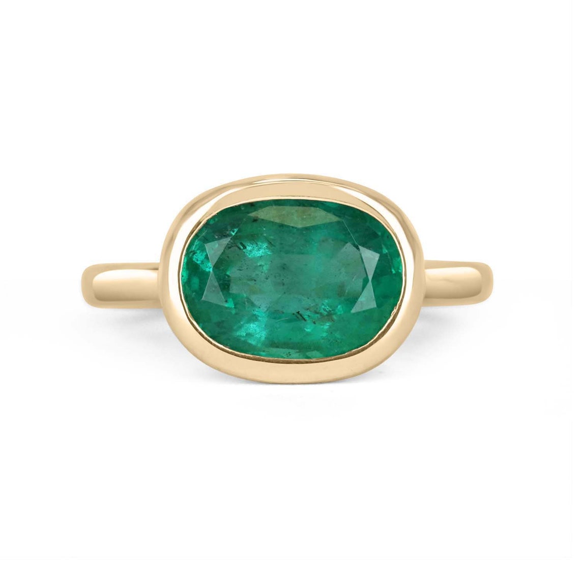 2.70 Carat 14K Gold Dark Rich Green Oval Natural Emerald Solitaire East-West Bezel Ring for Women – Elegant Wedding, Engagement, Anniversary Jewelry Gift