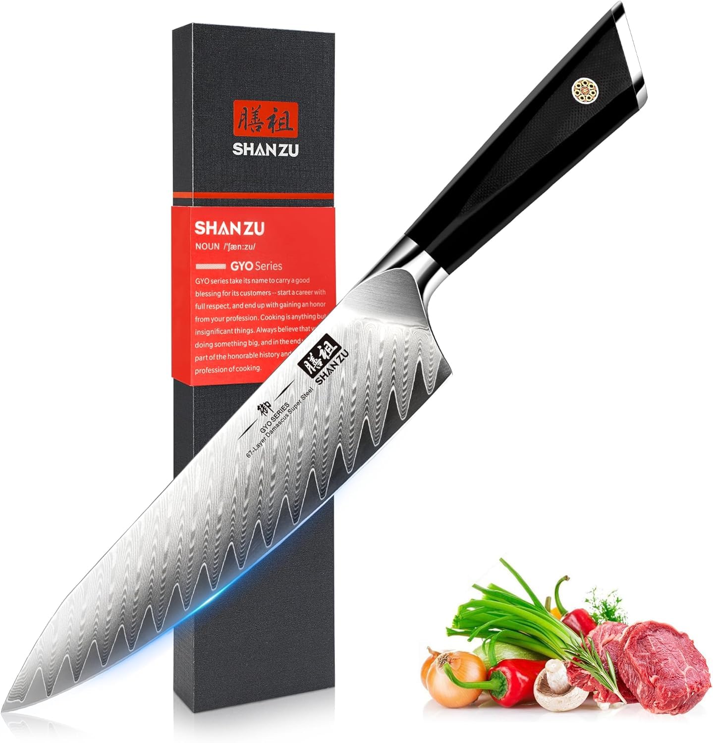 SHAN ZU Damascus Chef Knife 8 Inch - 67-Layer High Carbon Steel Japanese Kitchen Knife - Ultra Sharp Professional Cooking Knife with Ergonomic G11 Handle - Perfect for Slicing, Dicing & Chopping - Includes Gift Box for Gifts & Home Chefs