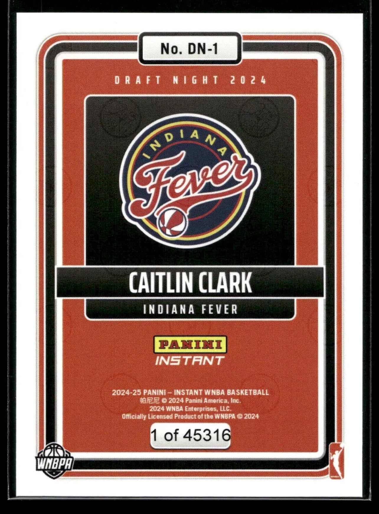 2024 Panini Instant Caitlin Clark #DN-1 Rookie RC Draft Night Basketball Trading Card - Limited Edition 1/45316 - Indiana Fever - Protective Screwdown Holder Included - Perfect for Collectors, Investors & Basketball Fans