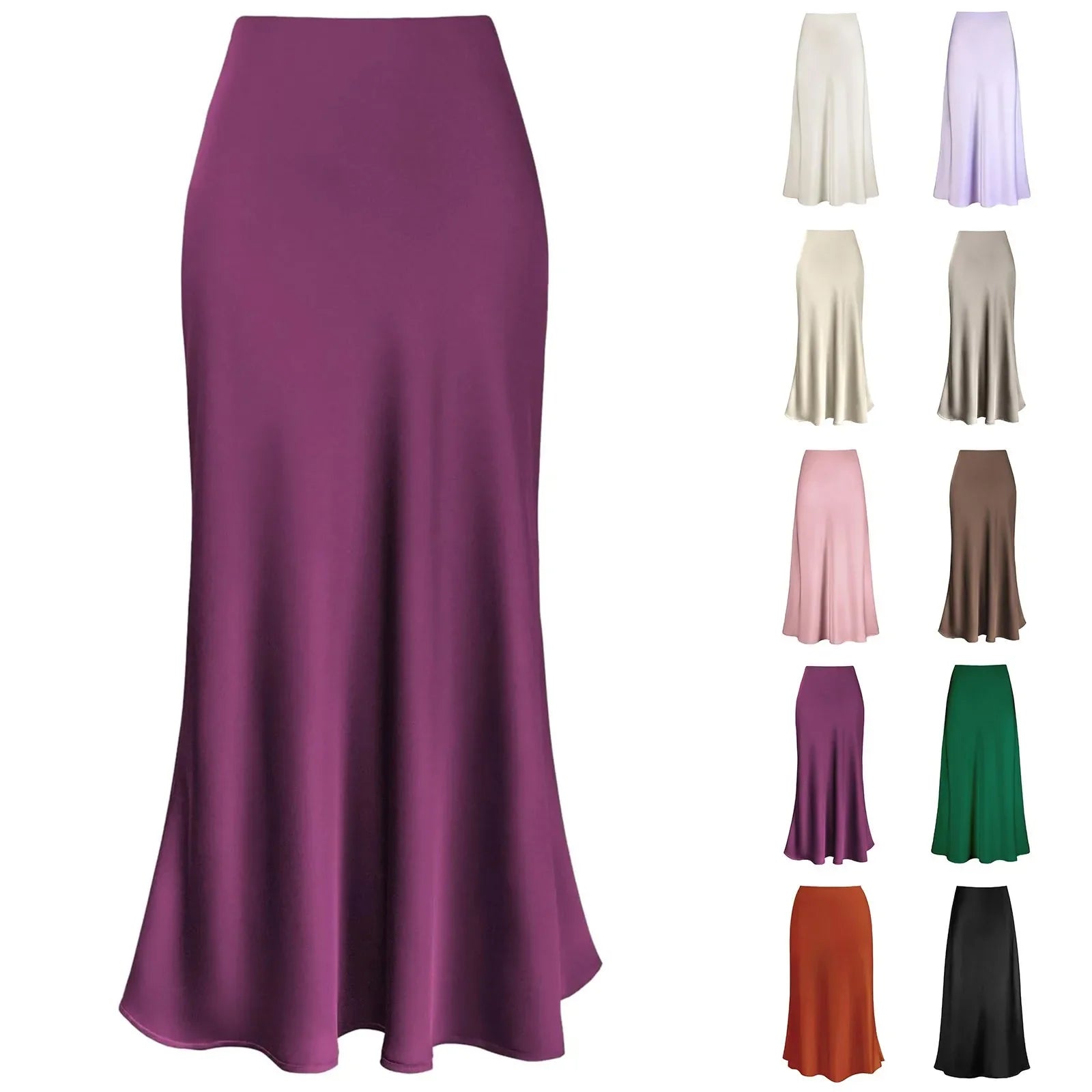 Elegant A-Line Pleated Long Skirt for Women - Summer Korean Streetwear with Elastic Waist - Solid Color Satin Dress for Ladies | Perfect for Office, Date Night & Special Occasions
