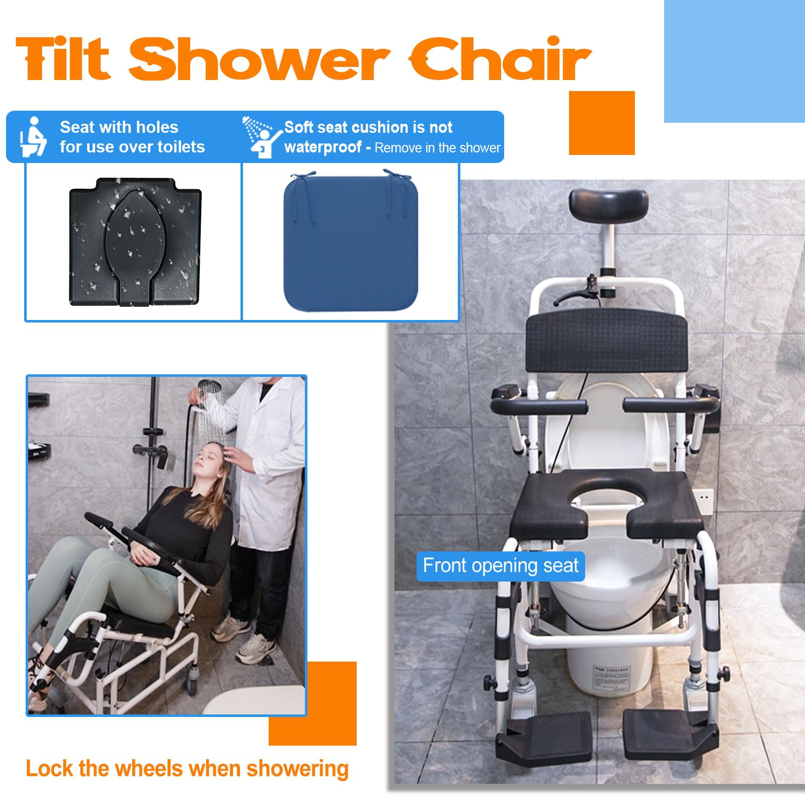 Adjustable Reclining Shower Chair with Soft Cushion & Wheels - 45° Tilt Shower Wheelchair with Commode - Elderly & Disabled Bath Safety - Ideal for Seniors, Post-Surgery Recovery & Home Care Use
