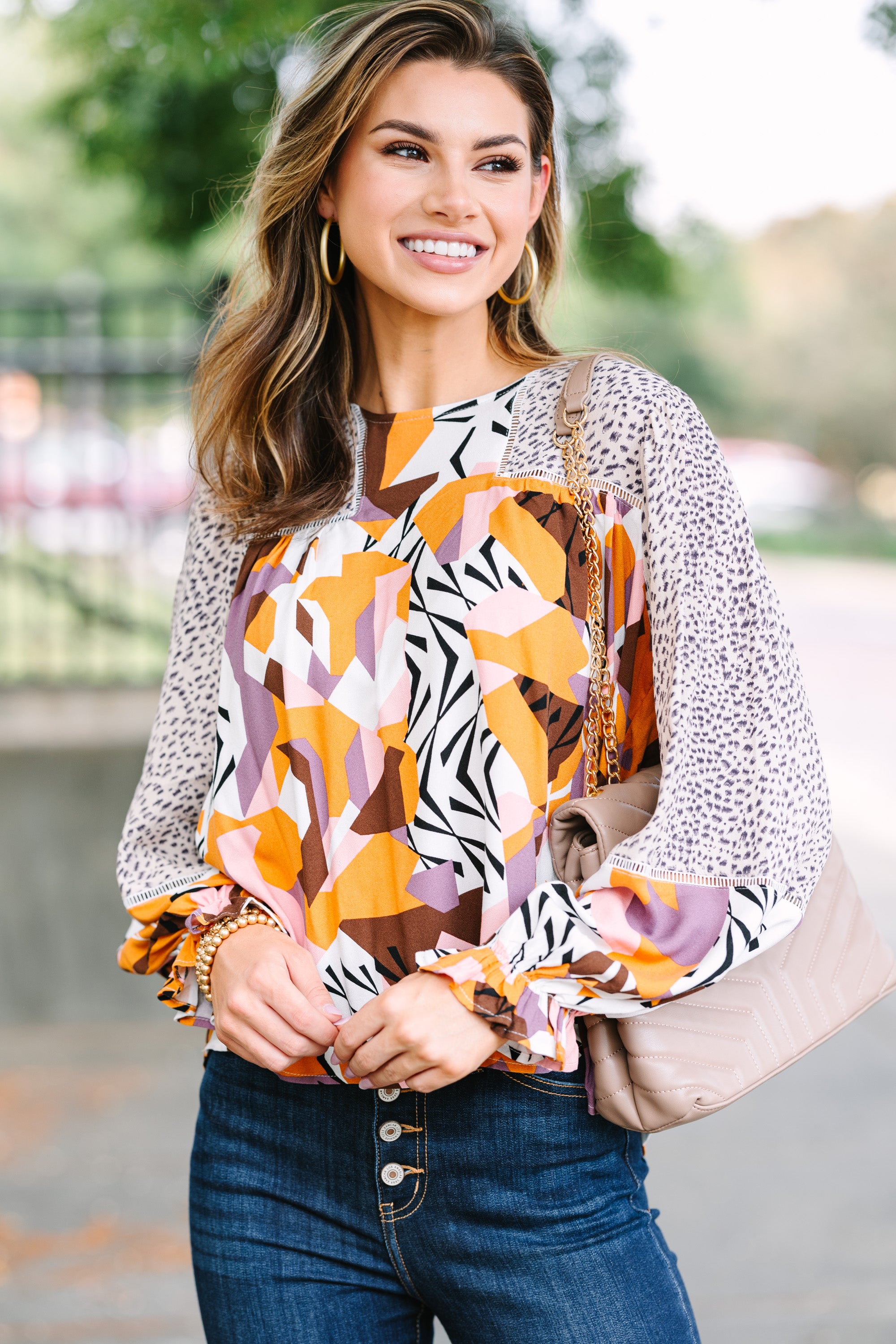 Fate Women's Taupe Brown Mixed Print Blouse - Stylish Casual Top for Work, Date Night & Everyday Wear