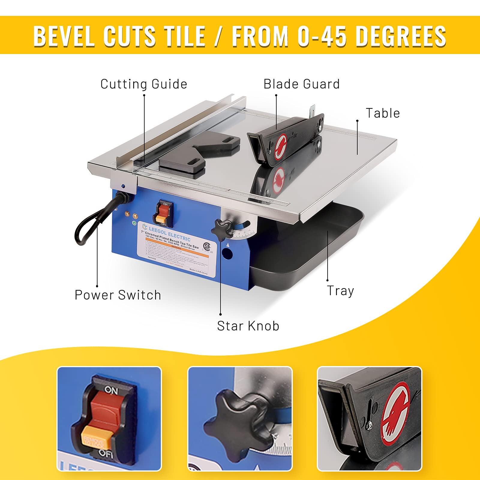 Leegol Electric 7-Inch Wet Tile Saw - Professional Ceramic & Porcelain Cutter with Water Cooling System - Perfect for DIY Home Renovation, Bathroom Remodeling & Floor Tile Installation