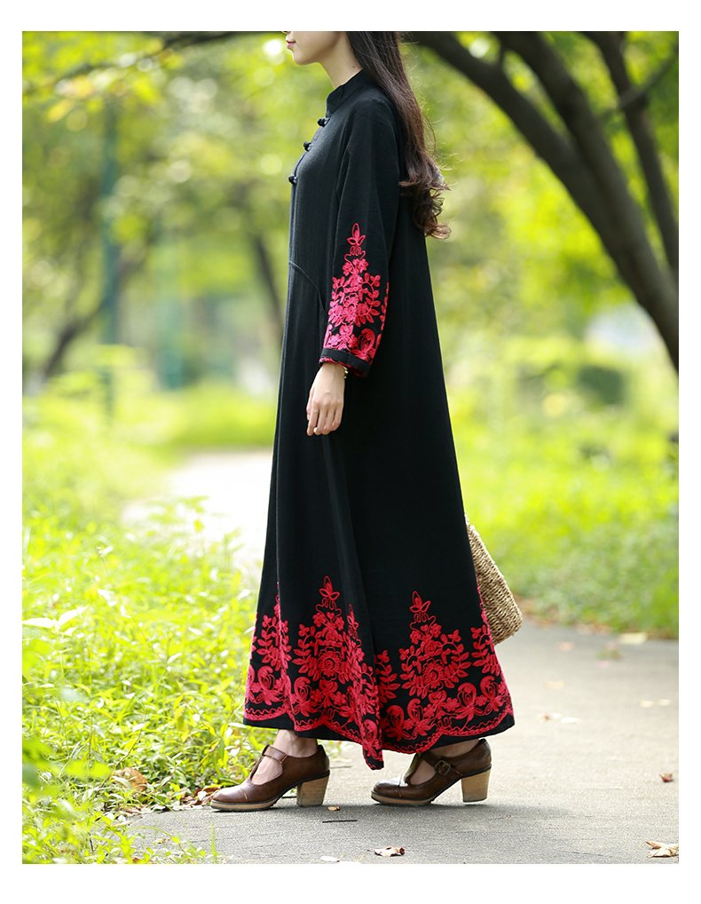 Chinese Style Floral Embroidery Women's Casual Maxi Dress - Long Sleeve Bohemian Elegant Dress for Spring Summer Wedding Party & Vacation