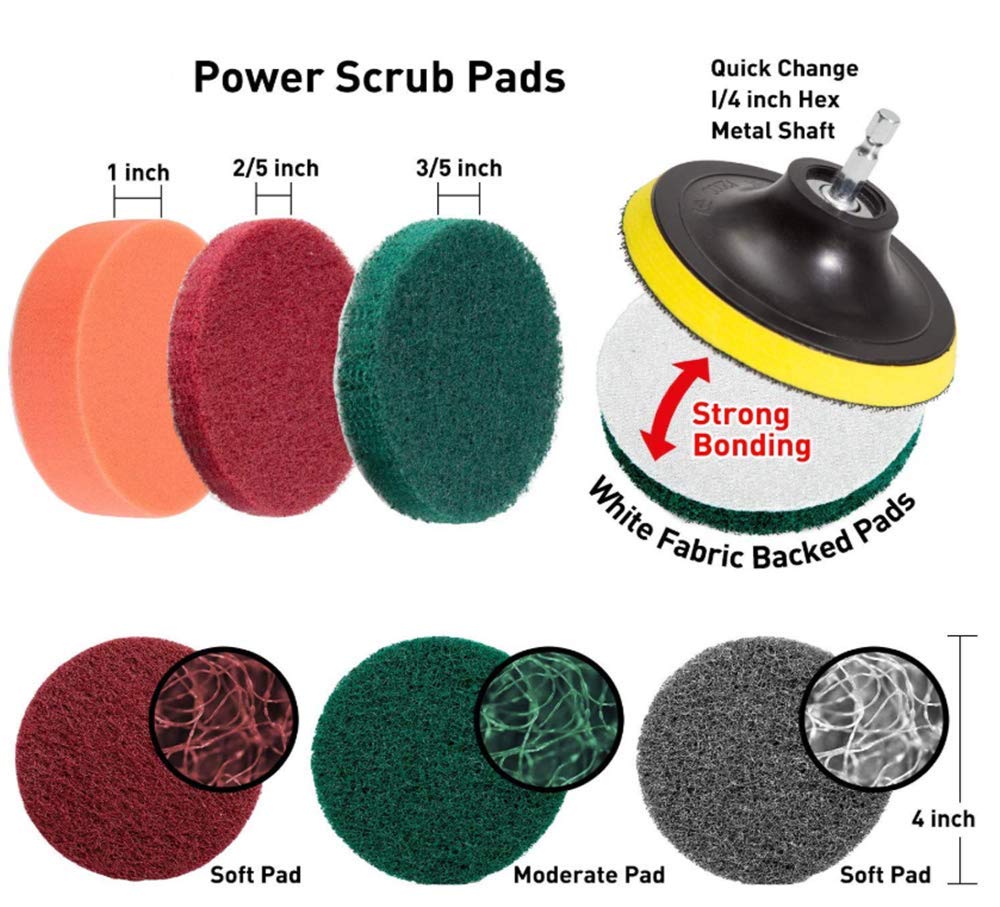 Power Scrubber Drill Brush Cleaning Kit - 20 Pack Heavy Duty Scouring Pads for Tile, Grout, Car Wheels, Bathroom & Kitchen - Extendable Long Handle Cleaner & Polisher for Pool, BBQ, and Tough Stains