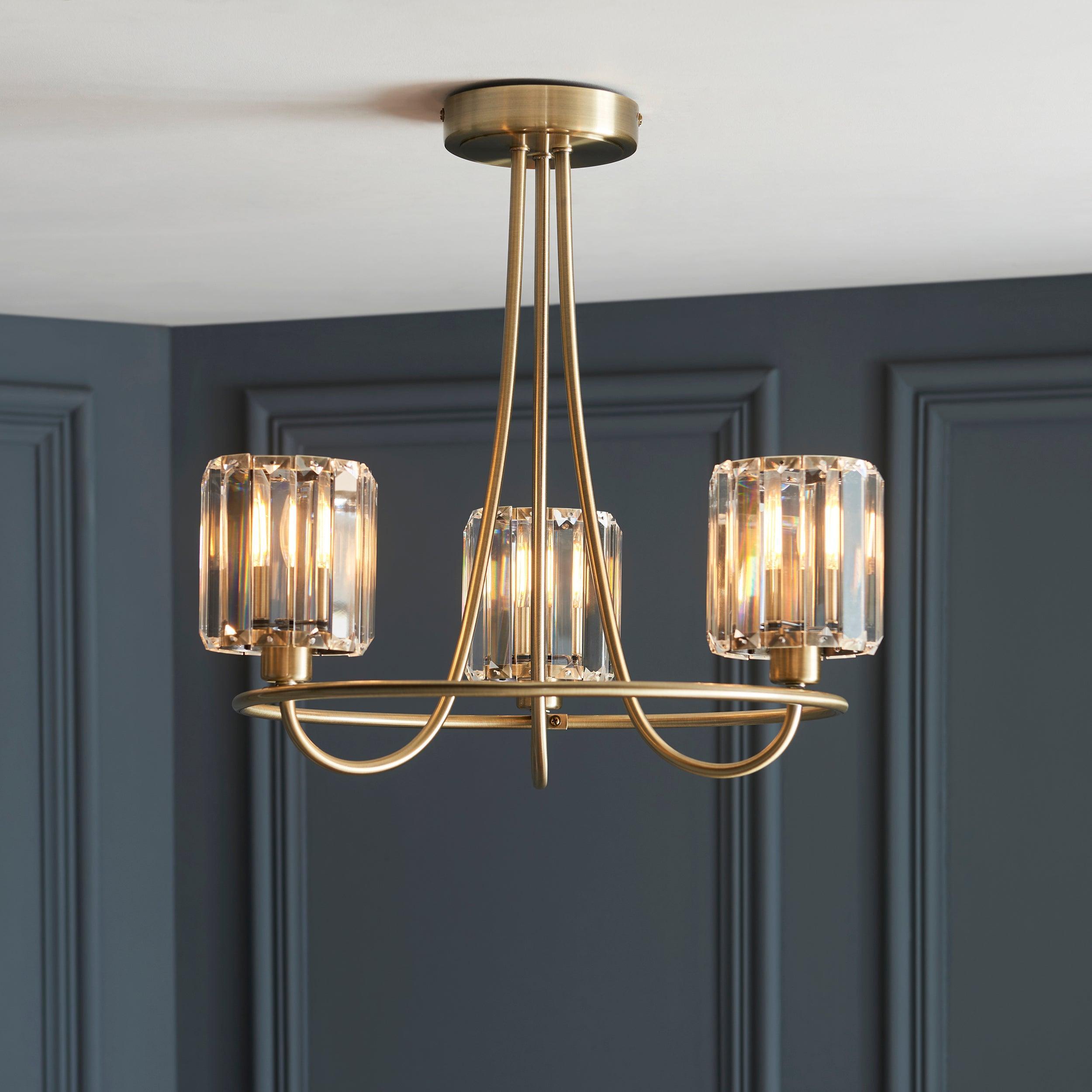 Berenice 3-Light Brass Semi-Flush Mount Ceiling Light Fixture - Vintage Industrial Lighting for Bedroom, Dining Room & Hallway