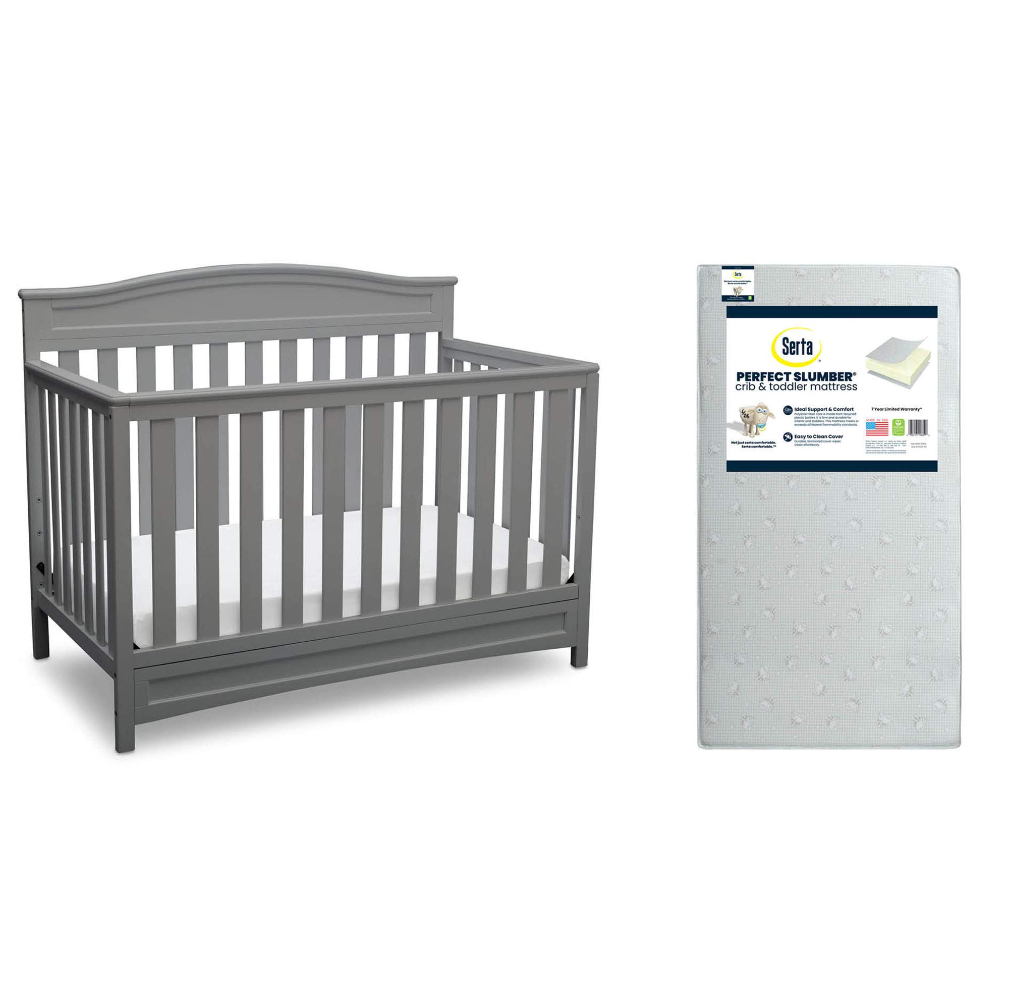 Delta Children Emery 4-in-1 Convertible Crib with Serta Perfect Slumber Dual-Sided Mattress - Grey Nursery Furniture Set | Safe for Newborns, Toddlers to Full-Size Bed | Eco-Friendly Recycled Fiber Core | Perfect for Baby Rooms, Daycares & Guest Rooms