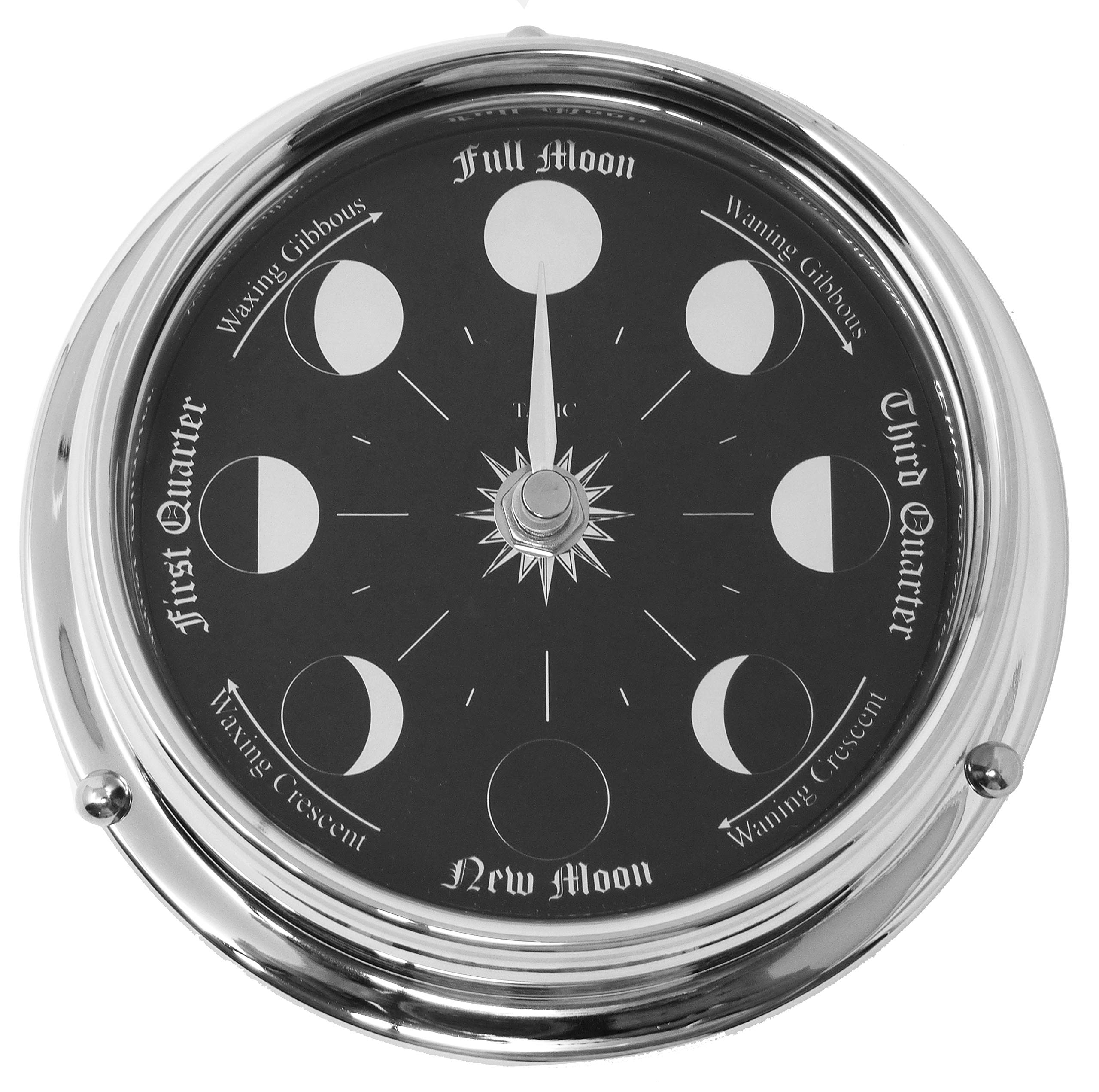 Handmade Chrome Moon Phase Wall Clock - Elegant Full Moon Design with Jet Black Dial, Mirror Backdrop & Chrome Hands - Perfect for Home, Office Decor & Unique Gifts