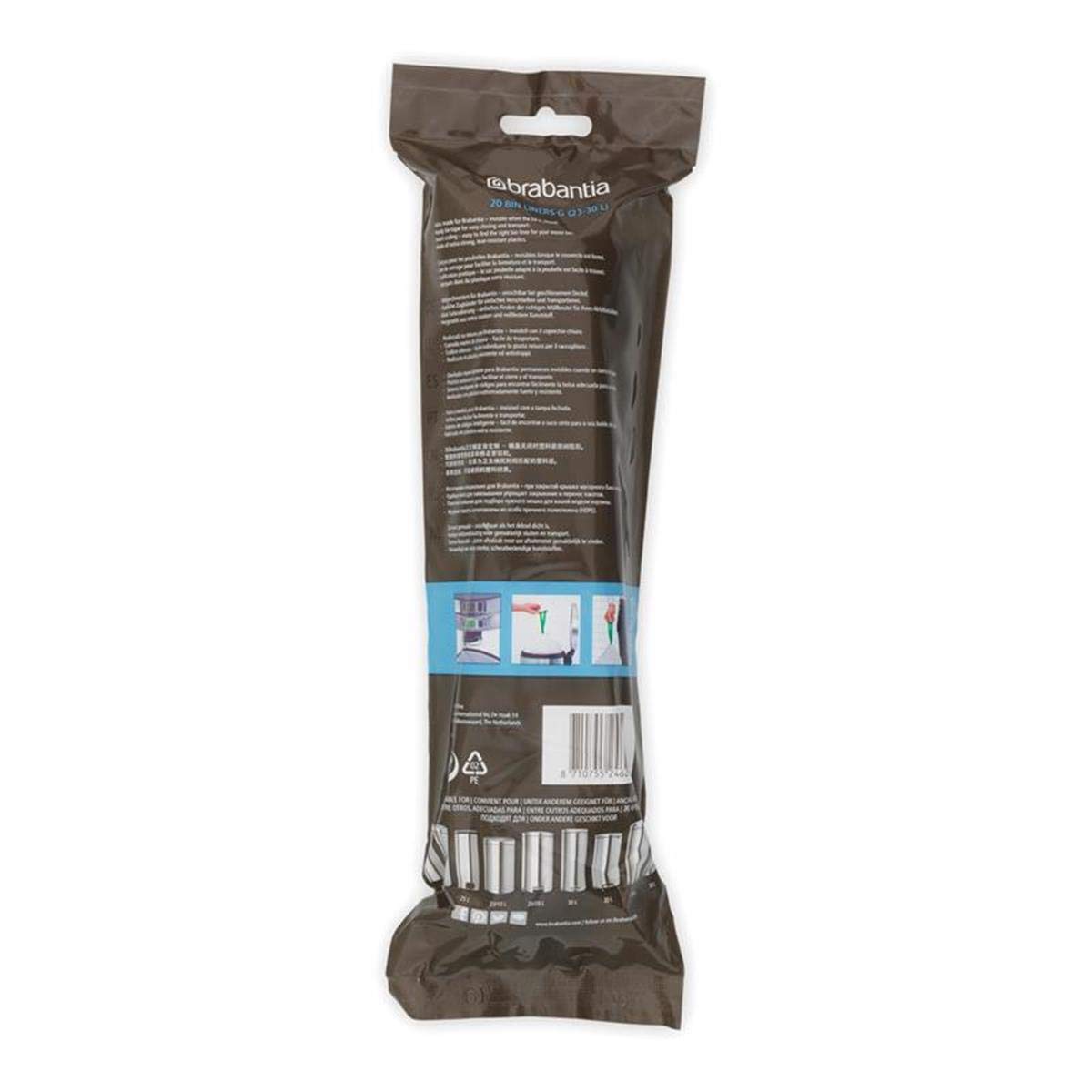 Brabantia 12 Rolls of 20 Type G 30 Litre Bin Liners - Heavy Duty Trash Bags for Kitchen, Bathroom & Office Waste Disposal