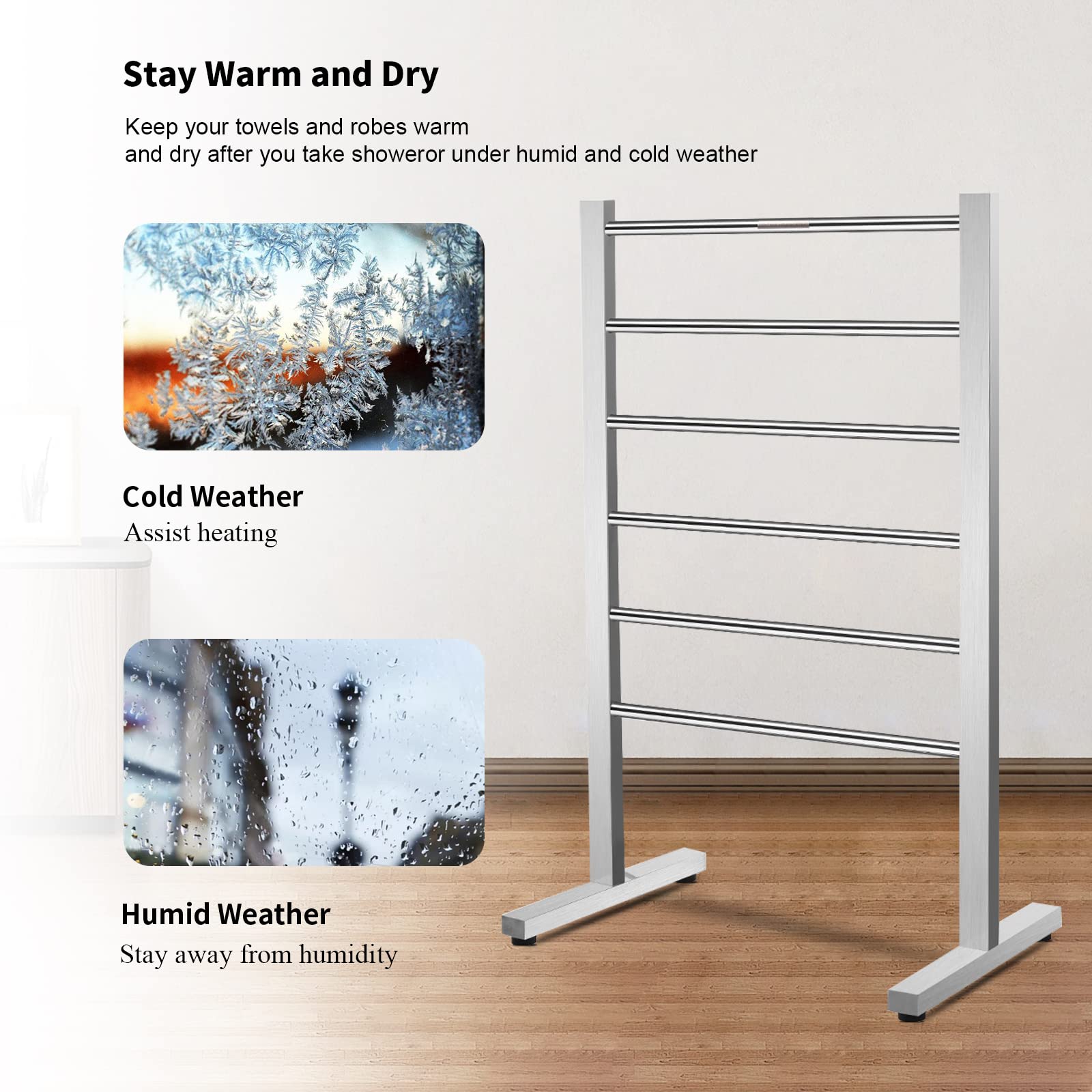 Portable Electric Towel Warmer & Drying Rack - 6 Stainless Steel Bars, 65W Fast Heating for Bathroom, Spa & Home Use - Chrome Polish Finish (ETW78-1) | Perfect for Cozy Baths, Hotel-Style Luxury & Quick Drying