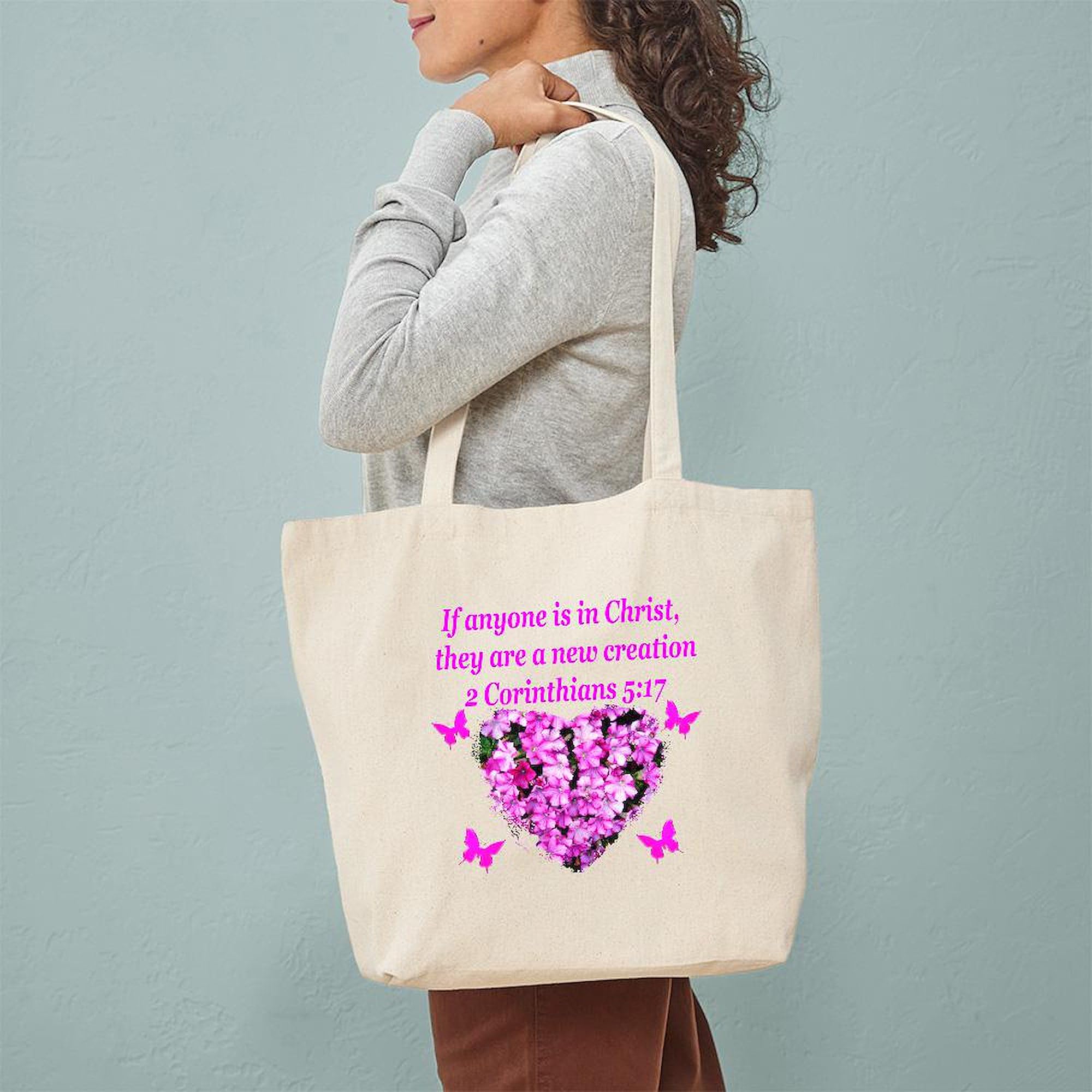 2 Corinthians 5:17 Inspirational Bible Verse Tote Bag - Natural Canvas Reusable Grocery Shopping Bag for Women, Church, Bible Study & Daily Use