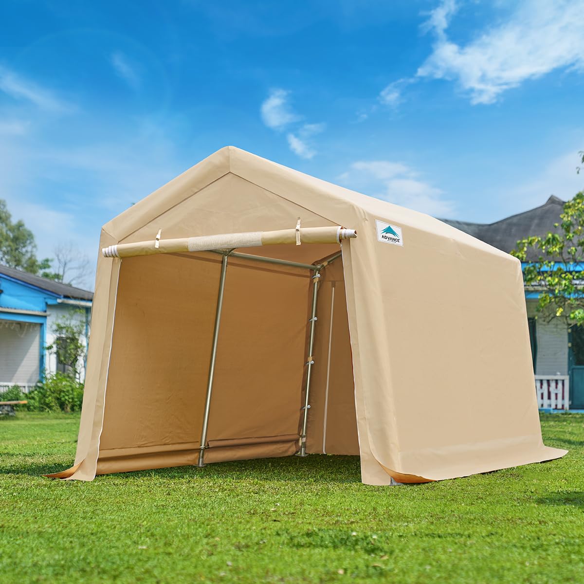 ADVANCE OUTDOOR 8x14 ft Steel Metal Peak Roof Portable Garage Shelter - Heavy Duty Storage Shed & Carport for Motorcycle, Bike, Garden Tools - Includes 2 Roll-up Doors & Ventilation - Perfect for Backyard, Driveway & RV Parking - Beige