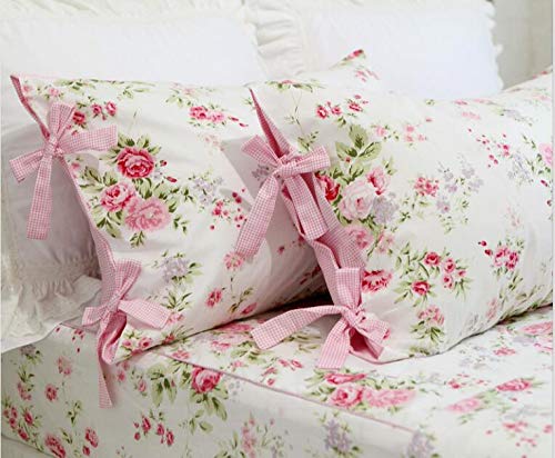 Vintage Rose Floral Print Pillowcases - Pink Ruffled Lace Cotton Pillow Covers 19x29 Inches for Bedroom Decor, Sofa Throw Pillows, Wedding Gift and Home Accents