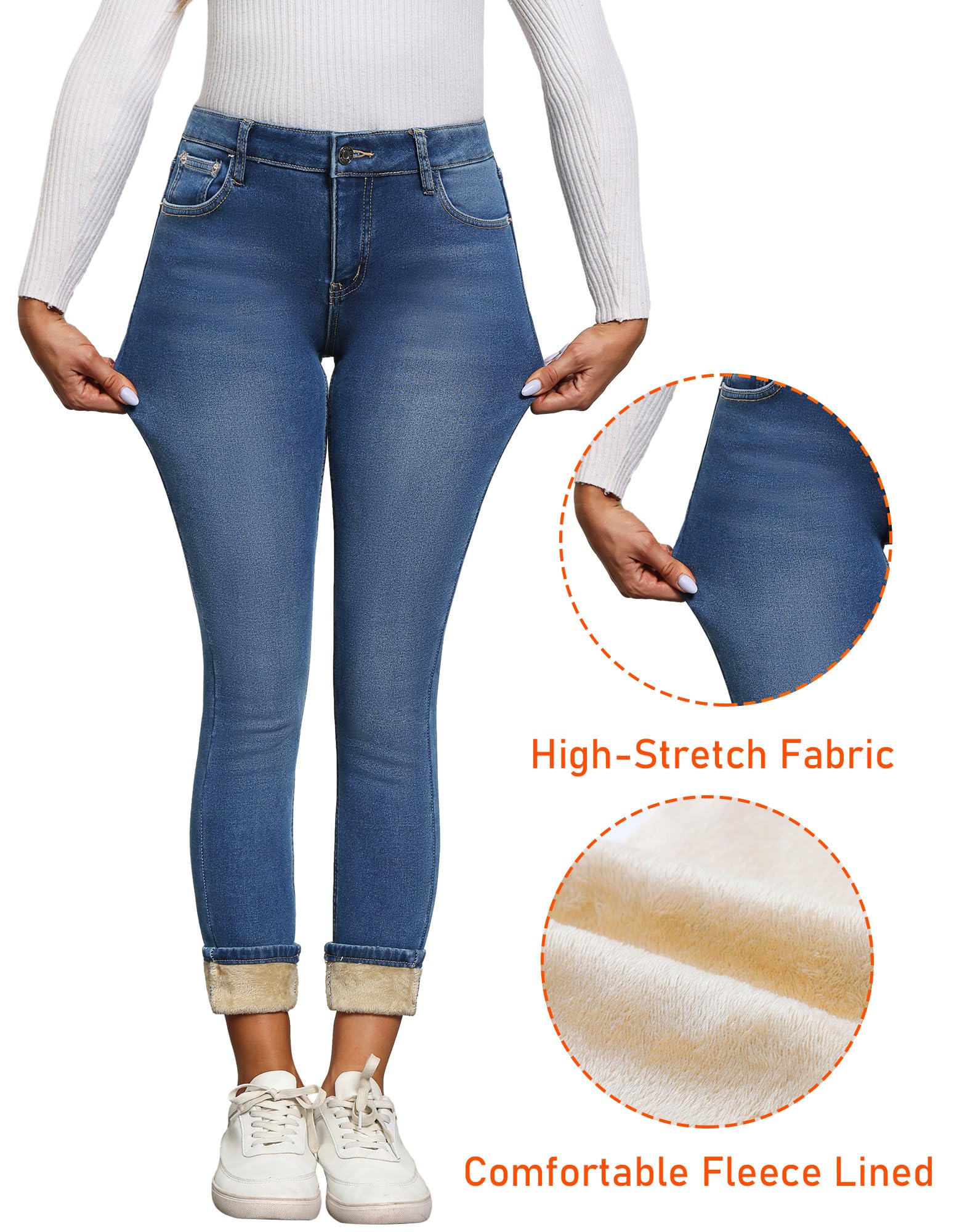Women's Fleece Lined High Waisted Skinny Jeans - Warm Winter Stretch Denim Pants with Flannel Lining for Cold Weather Outdoor Activities