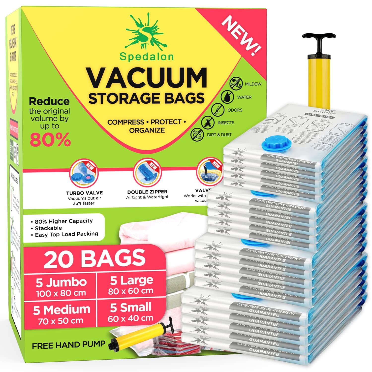 Vacuum Storage Bags 20 Pack (5 Jumbo + 5 Large + 5 Medium + 5 Small) with Hand Pump - Reusable Space Saver for Clothes, Bedding, Blankets, Pillows | Perfect for Travel, Moving, Seasonal Storage & Home Organization
