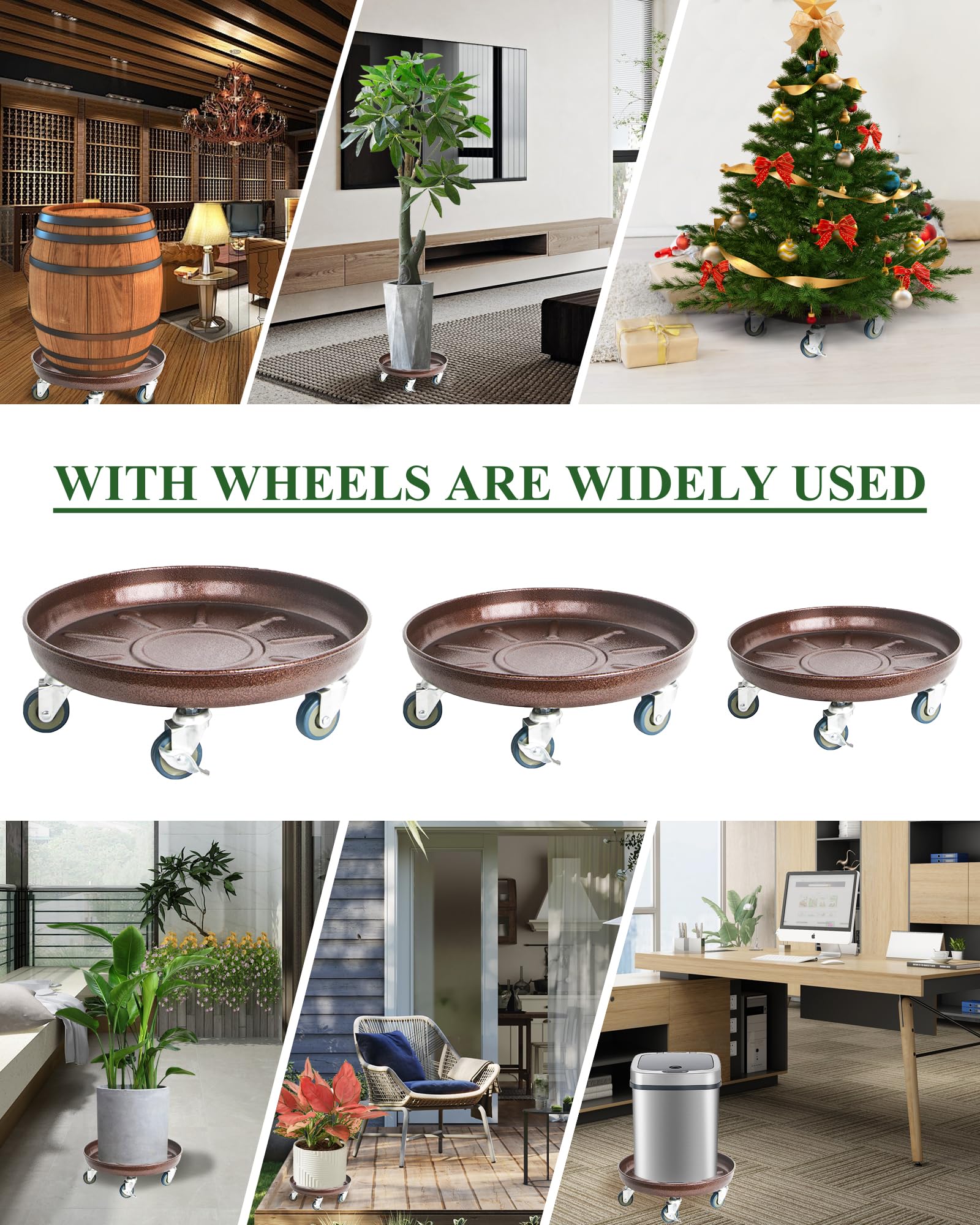 Heavy Duty Metal Plant Caddy with Wheels - 3 Pack Round Flower Pot Movers (12