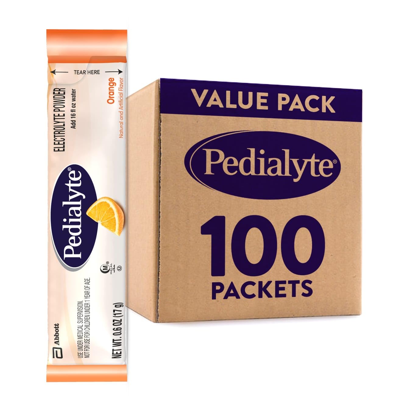 Pedialyte Electrolyte Powder Packets - Orange Flavor Hydration Drink Mix, 100 Single-Serve Packets | Perfect for Travel, Sports & Dehydration Relief