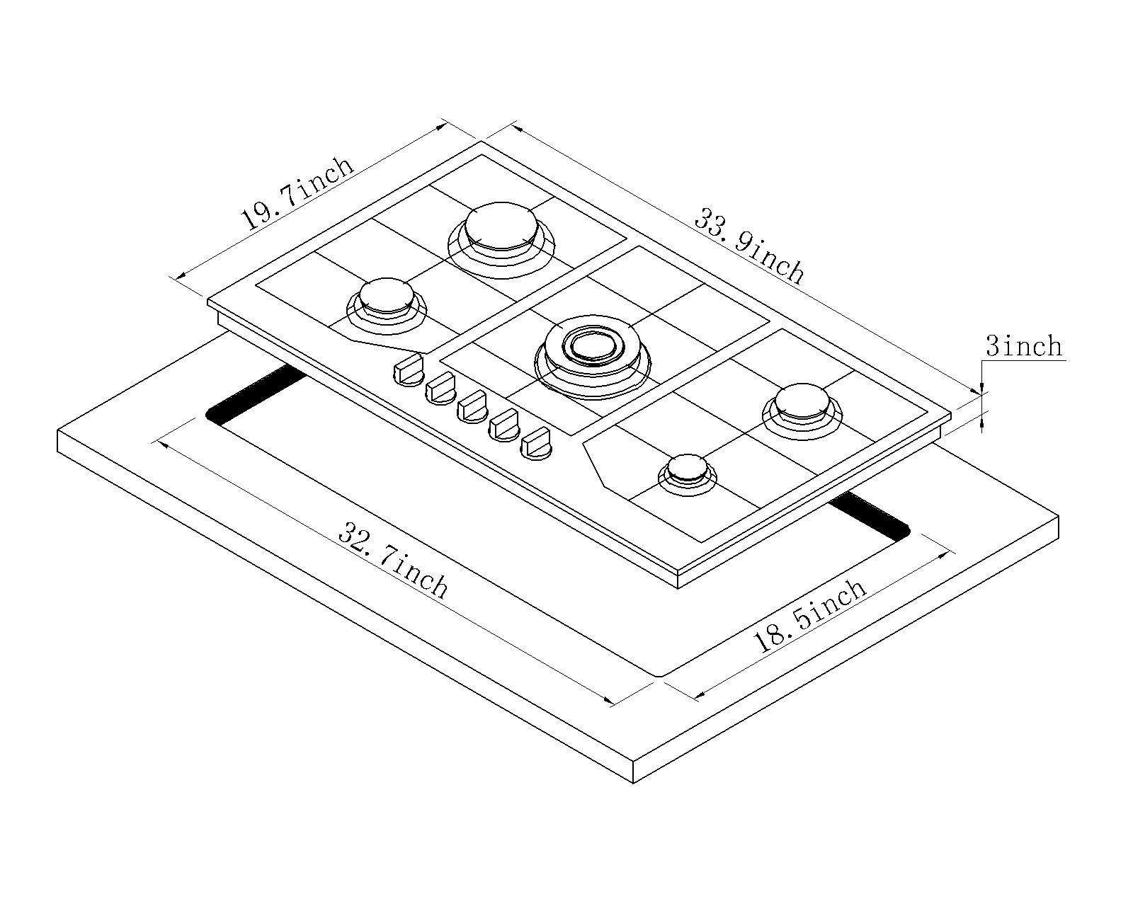 34 Inch Stainless Steel Built-In 5 Burner Gas Cooktop - LPG/NG Convertible Dual Fuel Stovetop for Professional Cooking | DM5808 | Perfect for Home Kitchens, Restaurants & Outdoor Catering