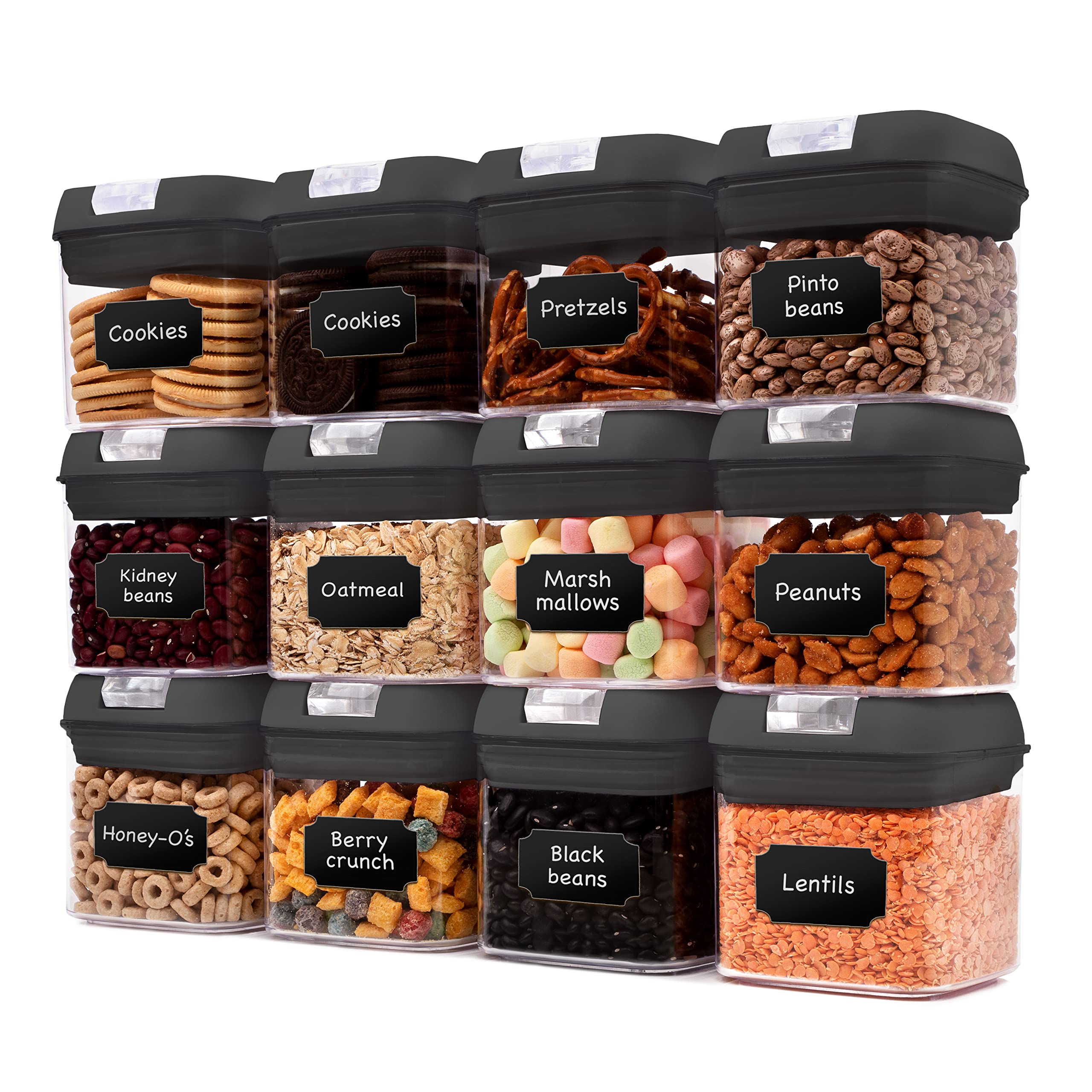 Airtight Food Storage Containers Set of 12 - 17 oz Pantry Organizers with Black Lids, Marker & Labels - Perfect for Kitchen, Pantry & Meal Prep Organization - Cheer Collection One Size BPA-Free Containers