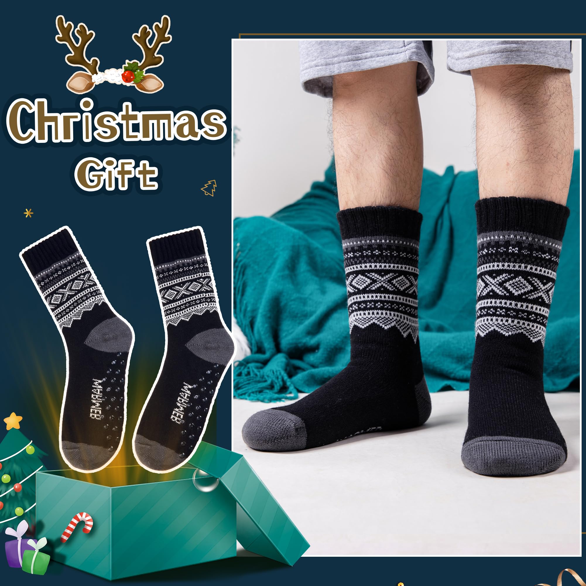 Men's Fleece Lined Thick Winter Slipper Socks - Ultra Cozy Non-Slip Fuzzy Home & Sleeping Socks for Cold Weather Indoor Comfort