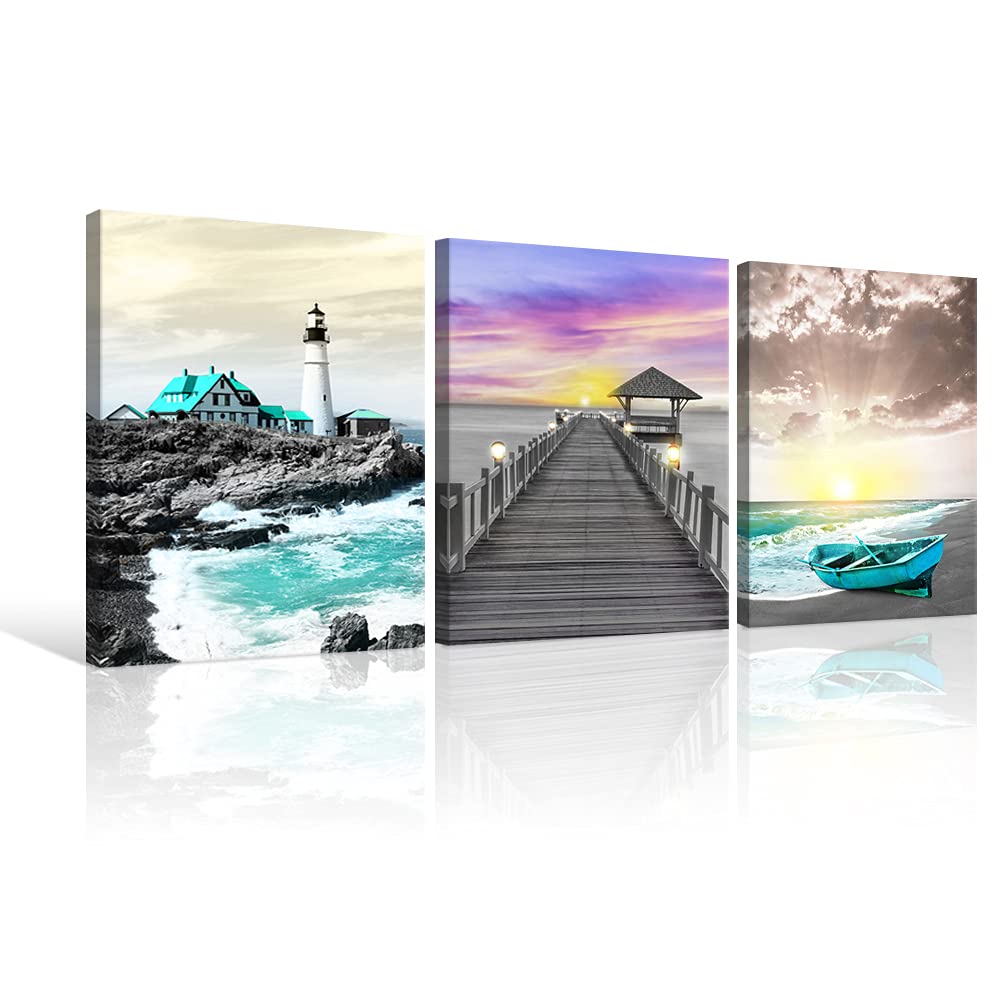 3 Piece Blue Beach Lighthouse Coastal Sunset Bridge Canvas Wall Art - Bathroom, Bedroom & Living Room Decor for Coastal & Modern Home Styling | Perfect for Beach Houses, Vacation Rentals & Nautical Themed Spaces