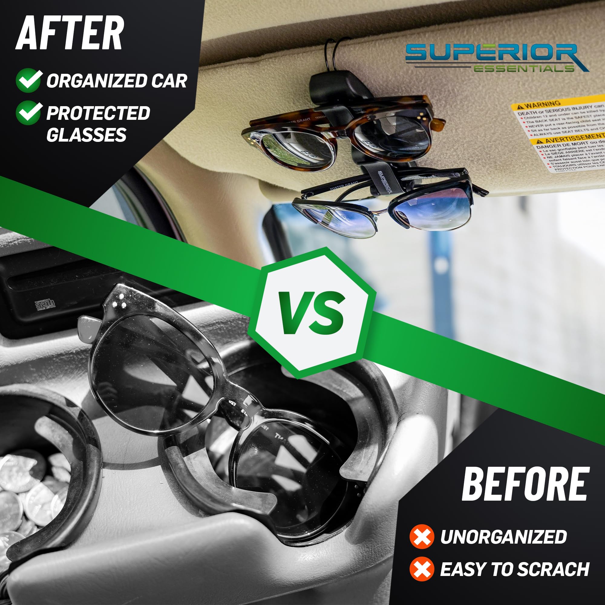 Car Visor Sunglass Holder with Eyeglass Mount & Ticket Card Clips - Luxury Car Accessories for Sun Glasses & Essentials - Perfect for Road Trips & Daily Commutes