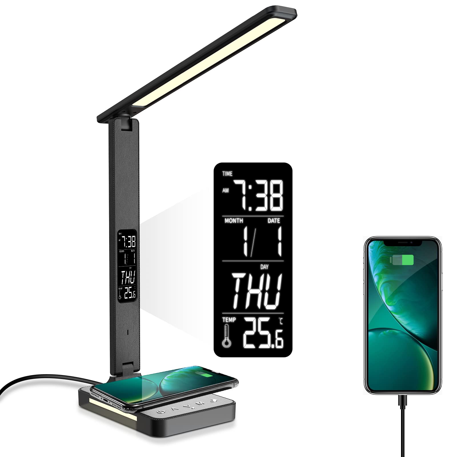 Reeonice LED Desk Lamp with Wireless Charger, USB Port, Night Light, Clock, Alarm, Date & Temperature Display - Black | Perfect for Home Office, Study, Bedroom & Workspace Lighting