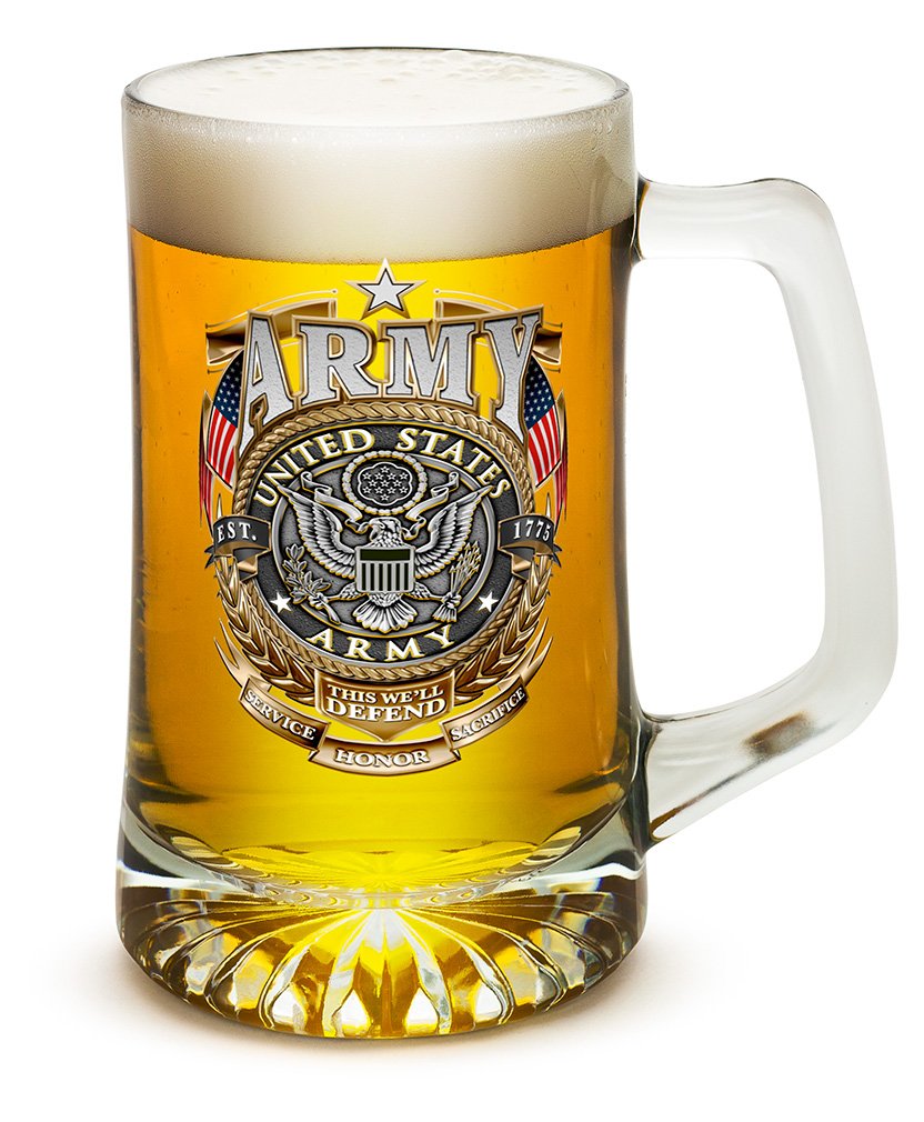25oz Large Beer Mugs with Handles - Set of 6 Army Gold Shield Themed Tankards for American Soldiers | Durable Armed Forces Logo Beer Glasses for Parties, BBQs & Military Themed Events