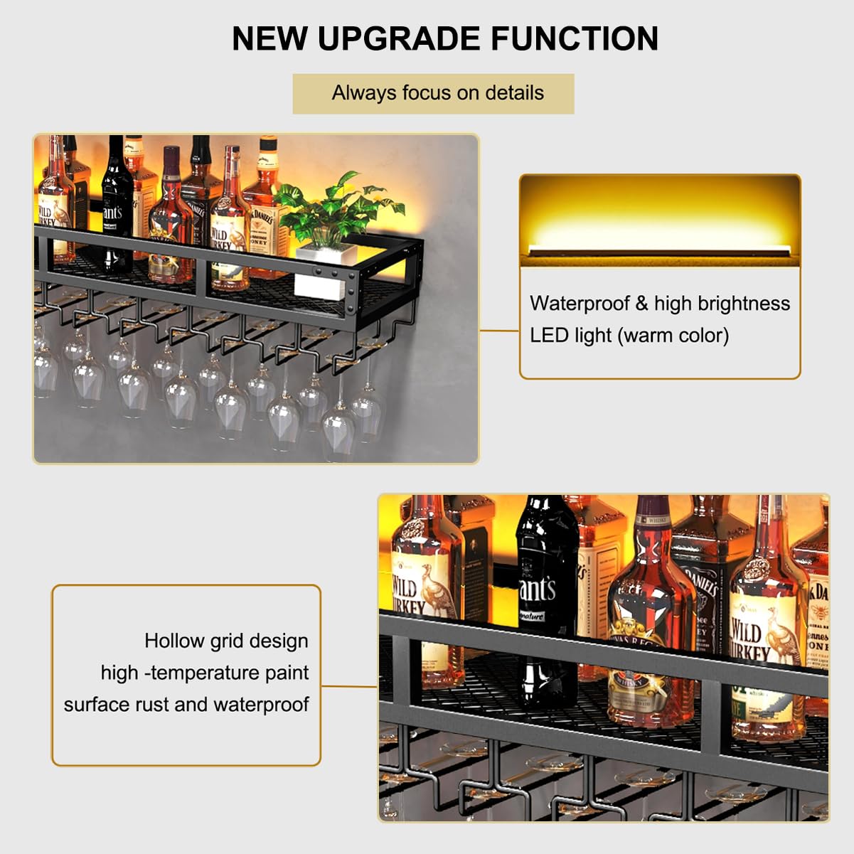 Pengfei LED Wall Mounted Wine Rack - Industrial Metal Wine Shelf with Glass Holder, Large Floating Shelves for Wine Bottle Storage - Perfect for Home Bar, Dining Room Decor & Kitchen Display