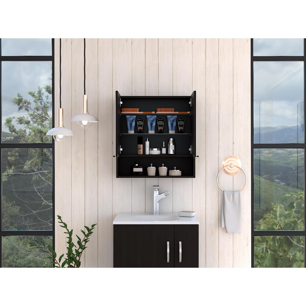 Tuhome Jaspe Mirror Cabinet with 3 Internal Shelves & Open Shelf - Double Door Bathroom Storage for Makeup & Organizing - Black
