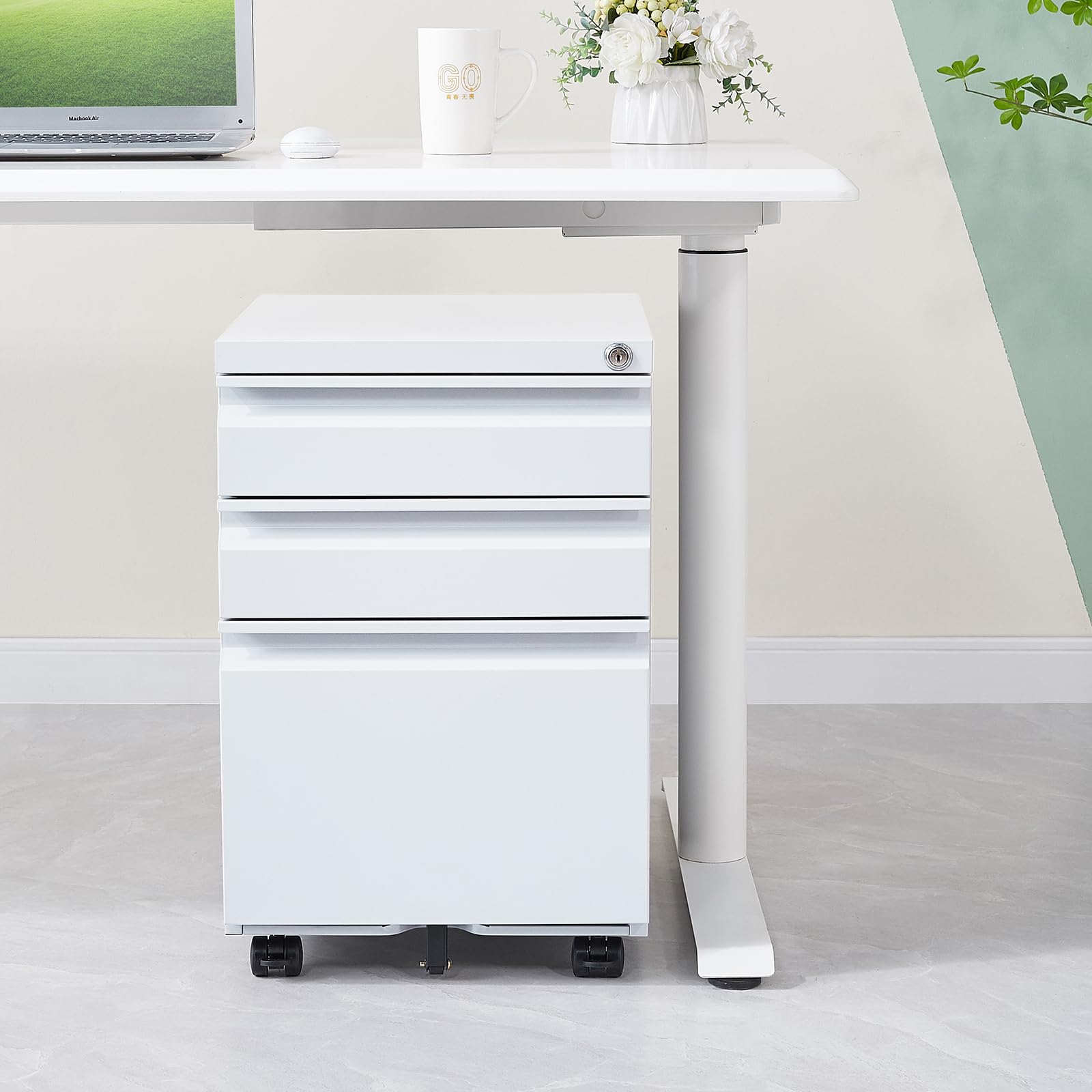 3 Drawer Mobile File Cabinet with Lock & Wheels - Anti-Tilt Metal Vertical Filing Cabinet for Office - Rolling Desk Storage for Letter/Legal Size Documents - Perfect for Home Office & Workspace Organization (White)