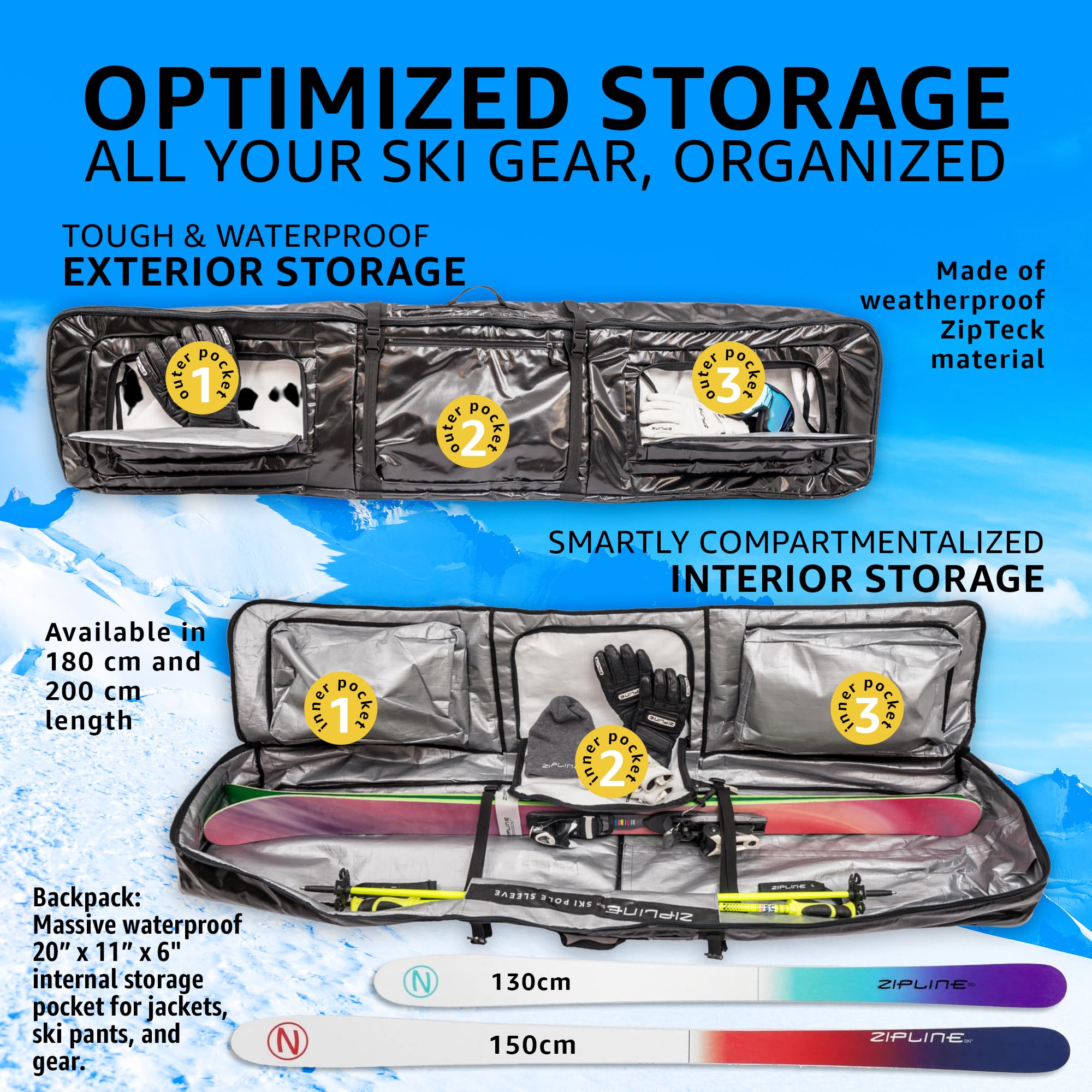 **Double Ski Bag with Wheels - 180/200cm Waterproof Ski & Snowboard Travel Bag for Gear Storage - Durable & Lightweight for Air Travel - Perfect for Ski Trips & Winter Vacations - 3-Year Warranty**